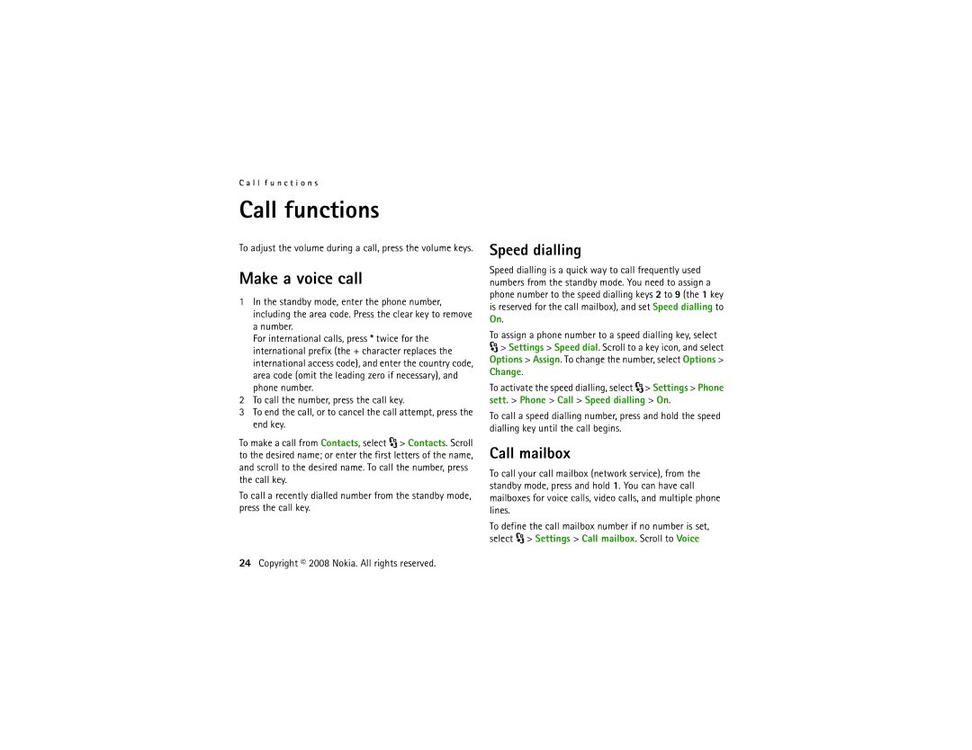 Nokia 5320 manual Call functions, Make a voice call, Speed dialling, Call mailbox 