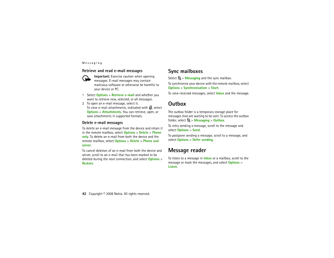 Nokia 5320 manual Outbox, Message reader, Sync mailboxes, Retrieve and read e-mail messages, Delete e-mail messages 