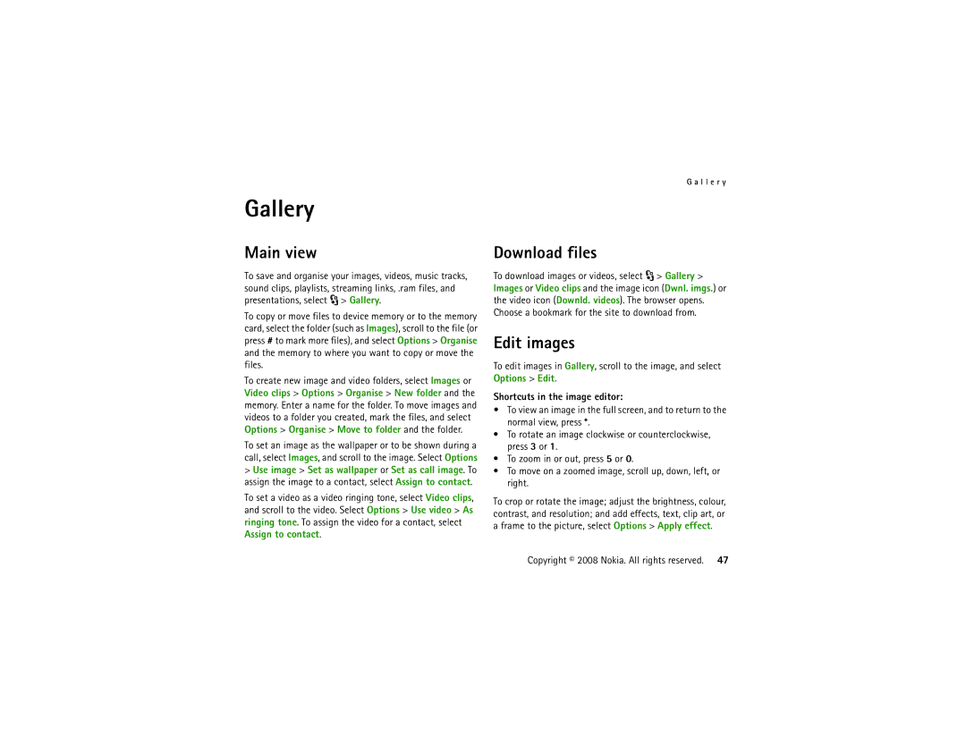 Nokia 5320 manual Gallery, Main view, Download files, Edit images, Shortcuts in the image editor 