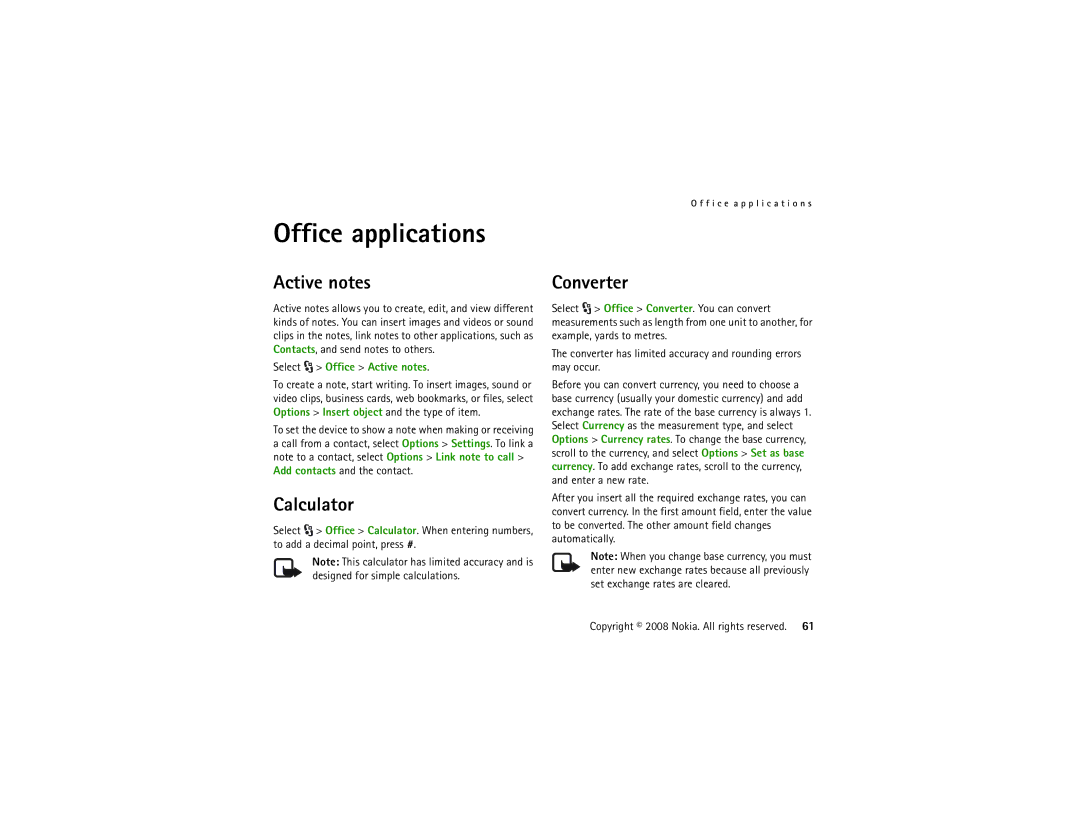 Nokia 5320 manual Office applications, Calculator, Converter, Select Office Active notes 