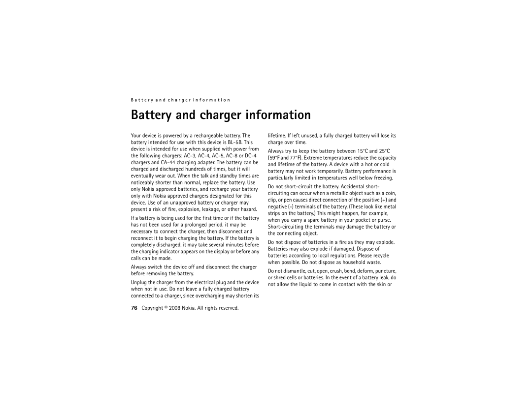 Nokia 5320 manual Battery and charger information 