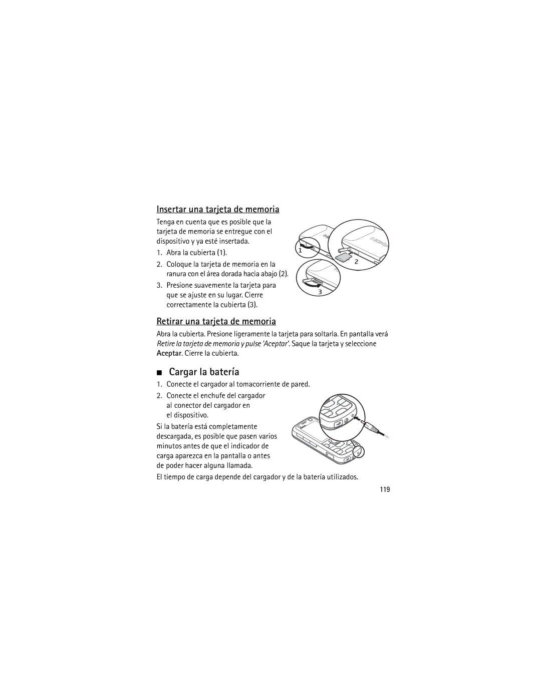 Nokia 5320 manual Cargar la batería, Insertar una tarjeta de memoria, Retirar una tarjeta de memoria, 119 