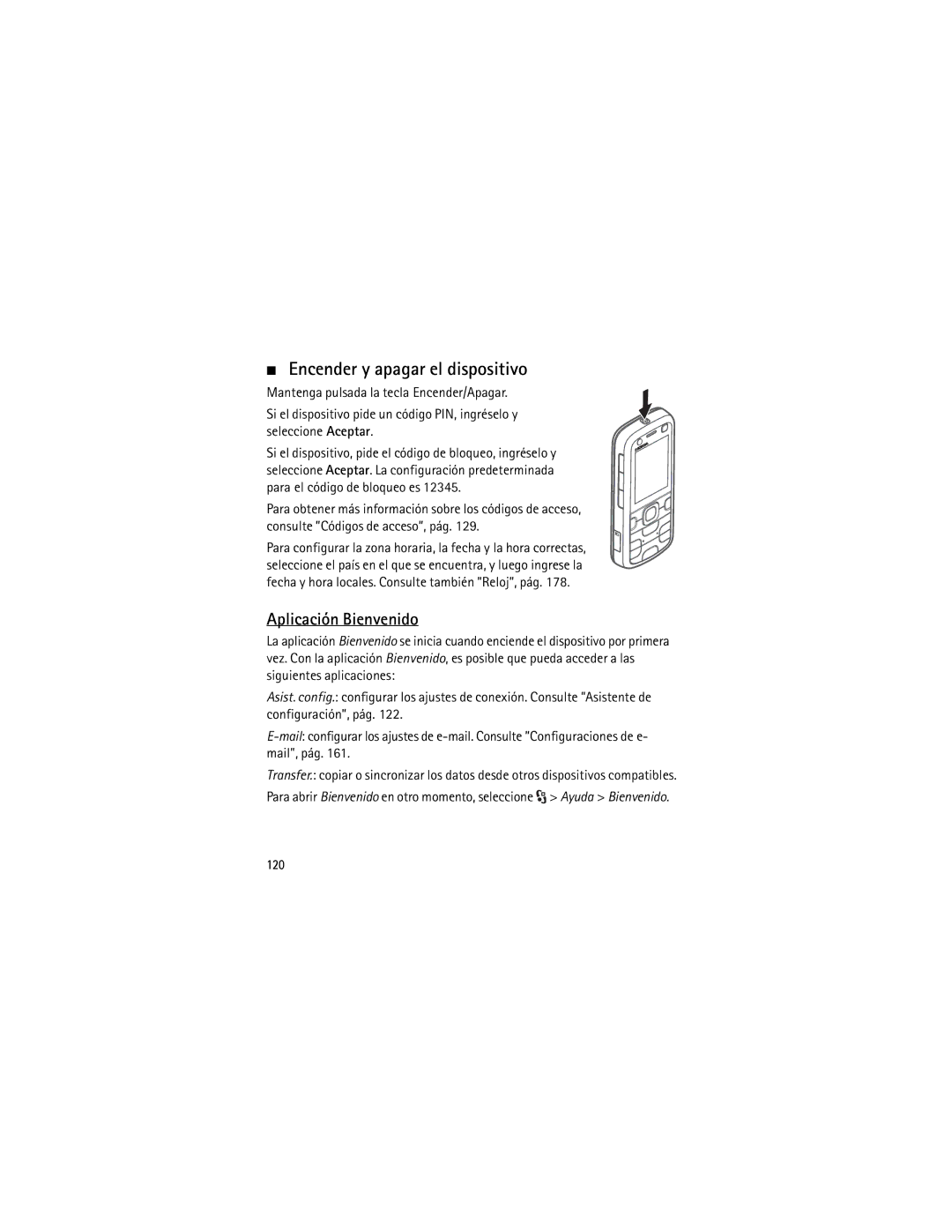 Nokia 5320 manual Encender y apagar el dispositivo, Aplicación Bienvenido, 120 