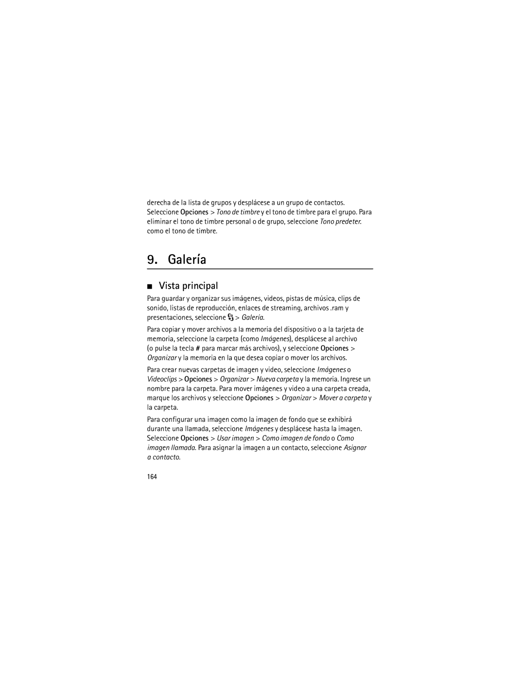 Nokia 5320 manual Galería, Vista principal, 164 