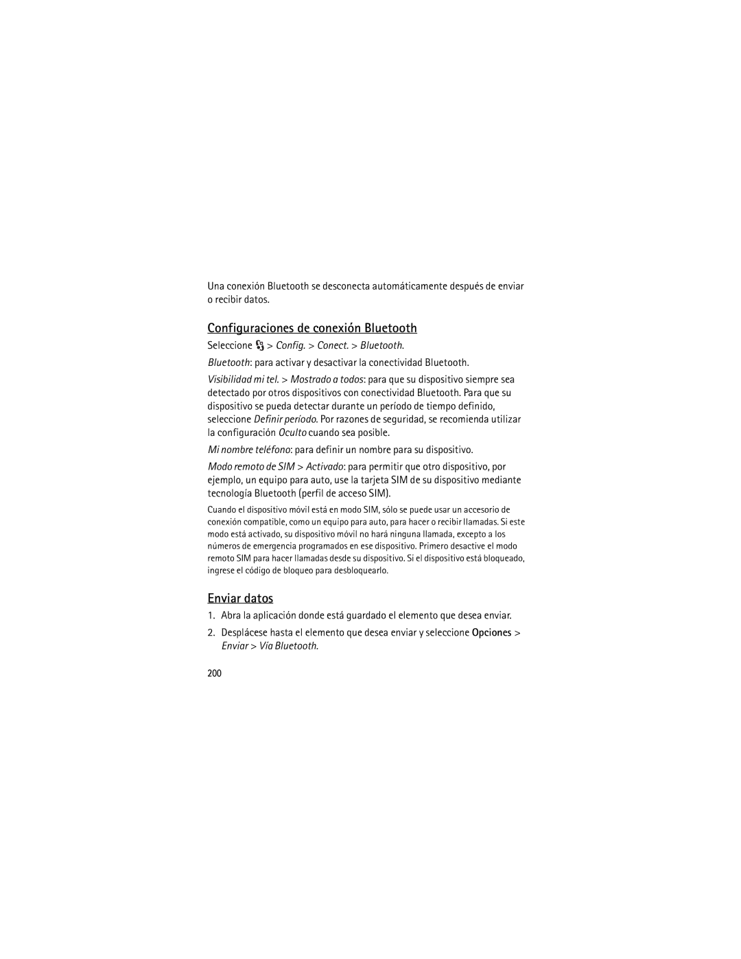 Nokia 5320 manual Configuraciones de conexión Bluetooth, Enviar datos, Seleccione Config. Conect. Bluetooth, 200 