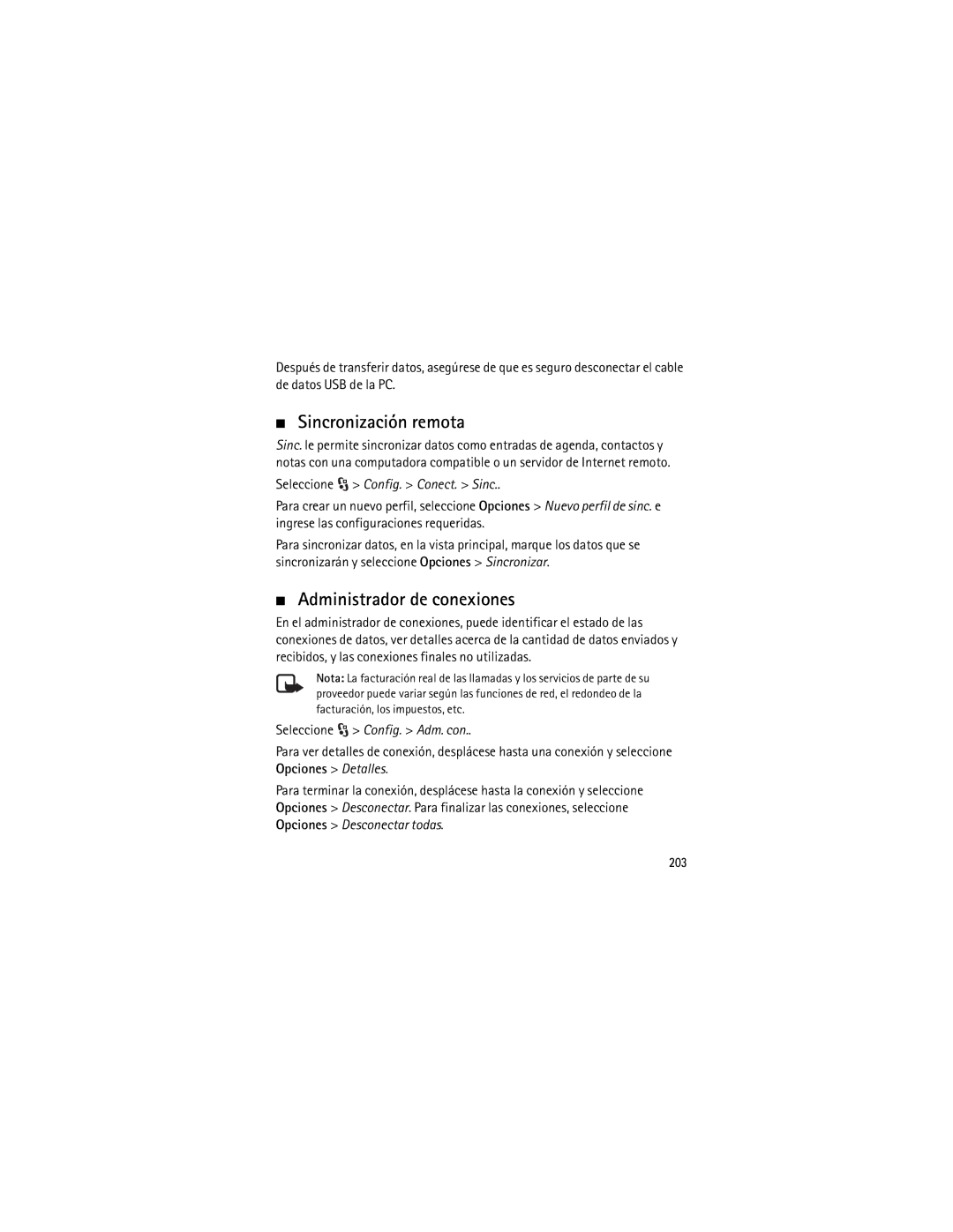 Nokia 5320 manual Sincronización remota, Administrador de conexiones, Seleccione Config. Conect. Sinc, 203 