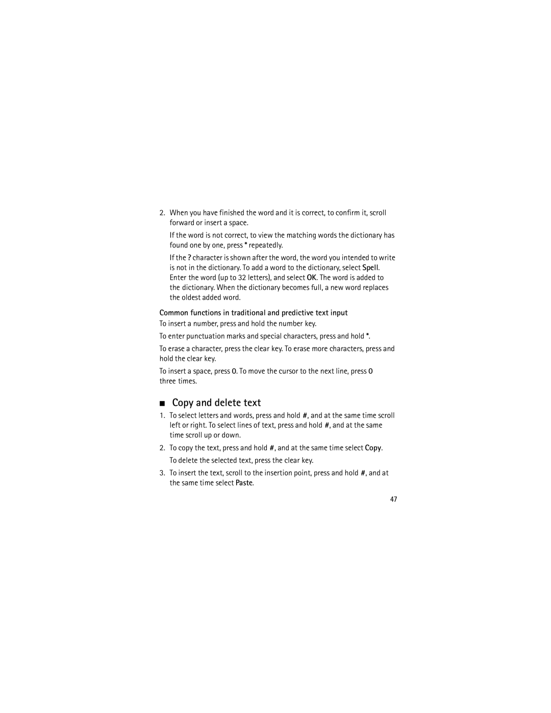 Nokia 5320 manual Copy and delete text, Common functions in traditional and predictive text input 