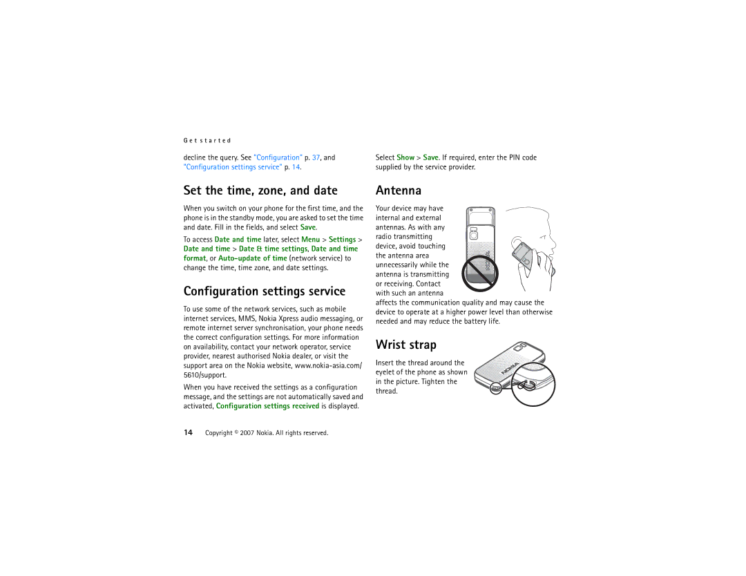 Nokia 5610 manual Set the time, zone, and date, Wrist strap, Antennas. As with any, Antenna area 