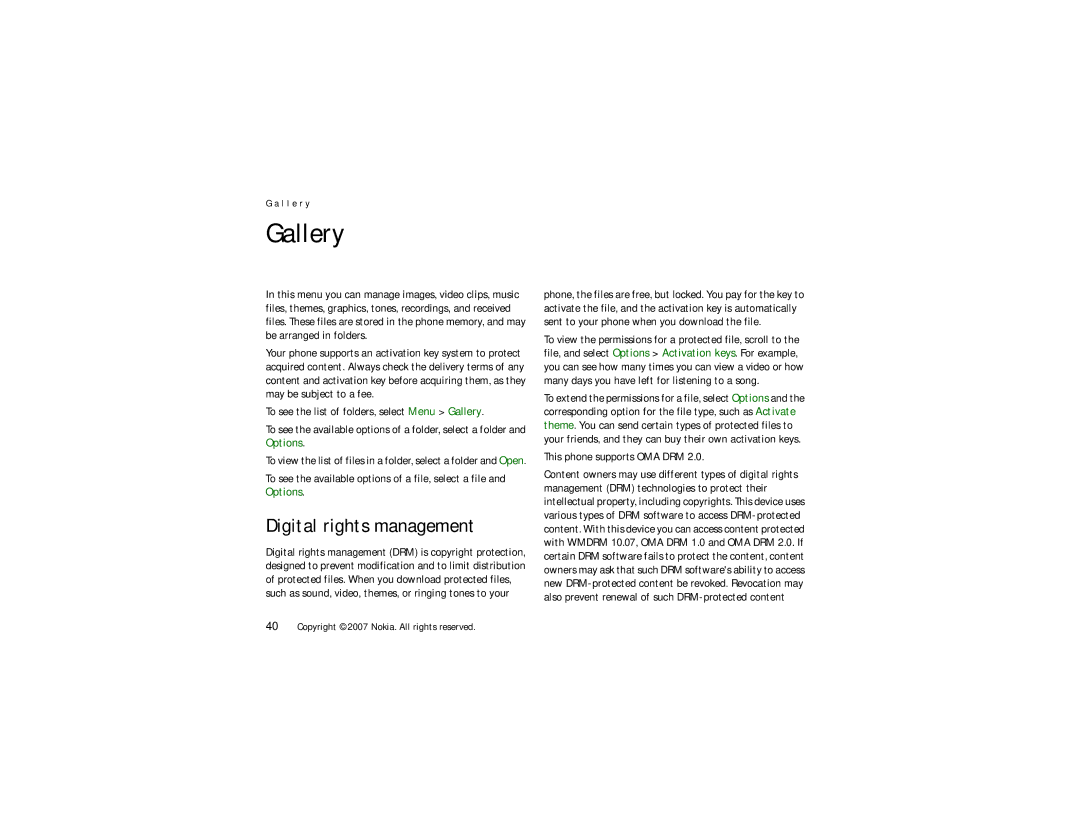 Nokia 5610 manual Gallery, Digital rights management, This phone supports OMA DRM 