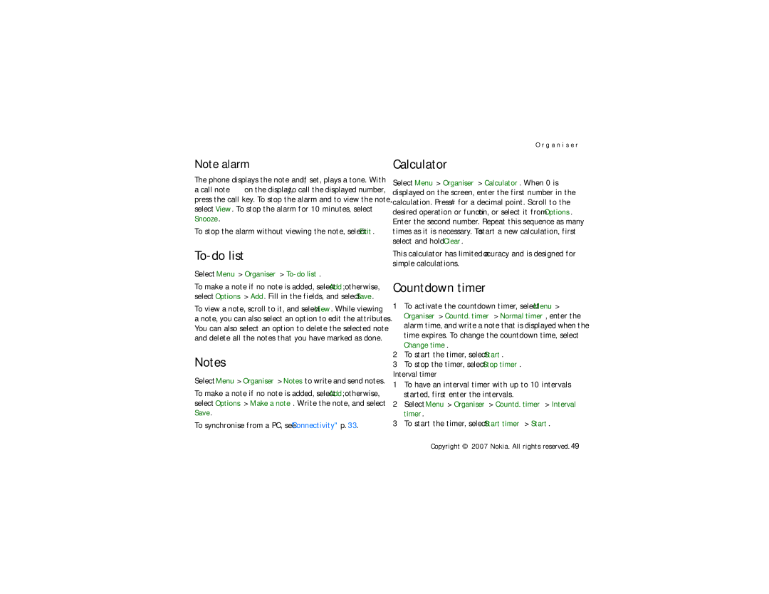 Nokia 5610 manual Calculator, Countdown timer, Select Menu Organiser To-do list 