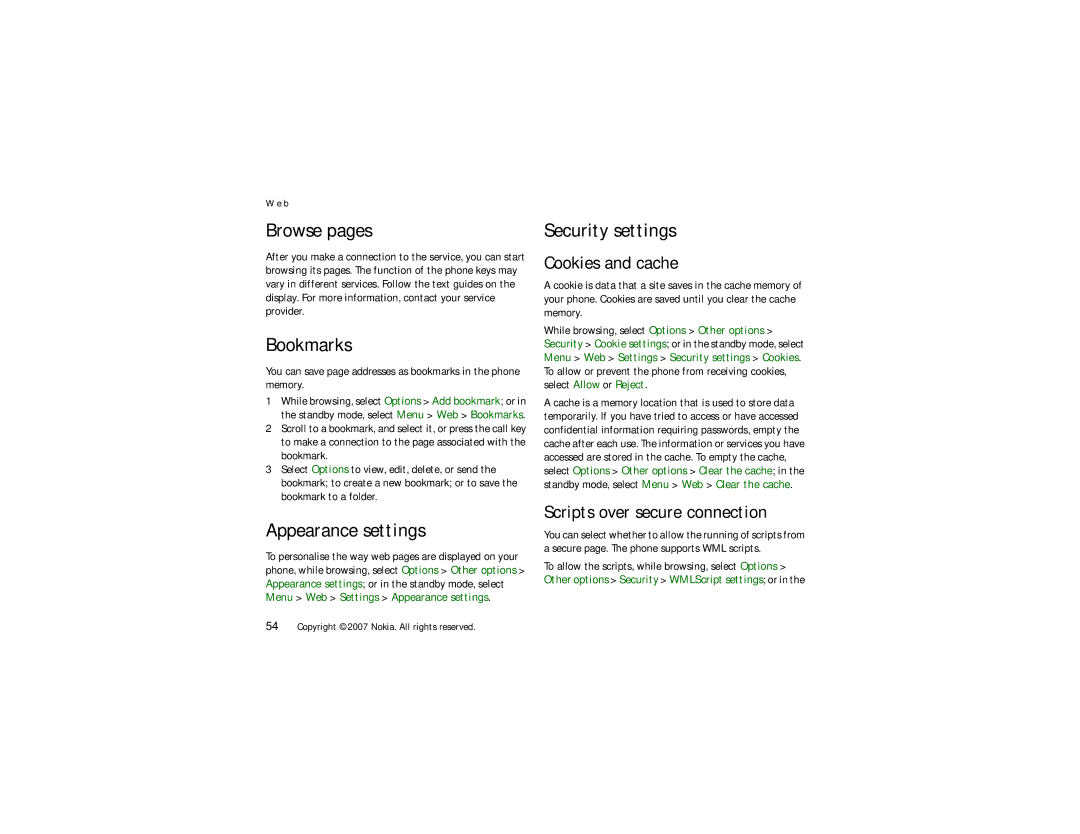 Nokia 5610 manual Browse pages, Bookmarks, Appearance settings, Security settings 