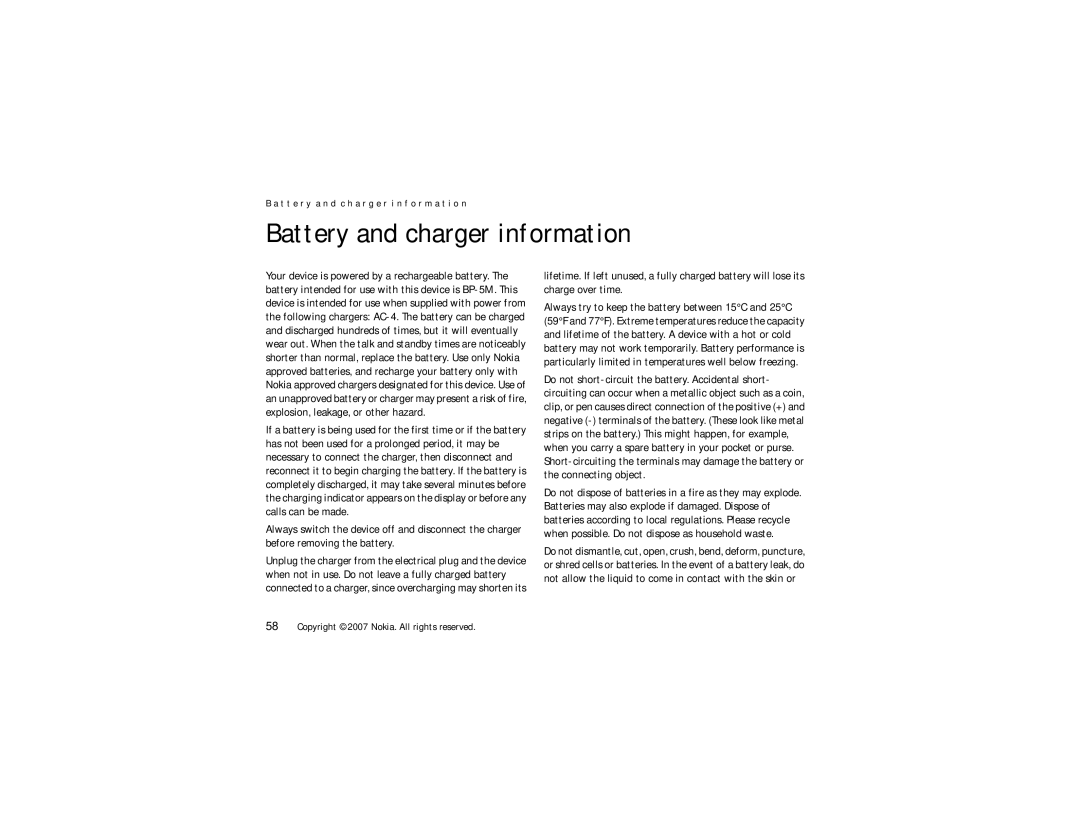 Nokia 5610 manual Battery and charger information 