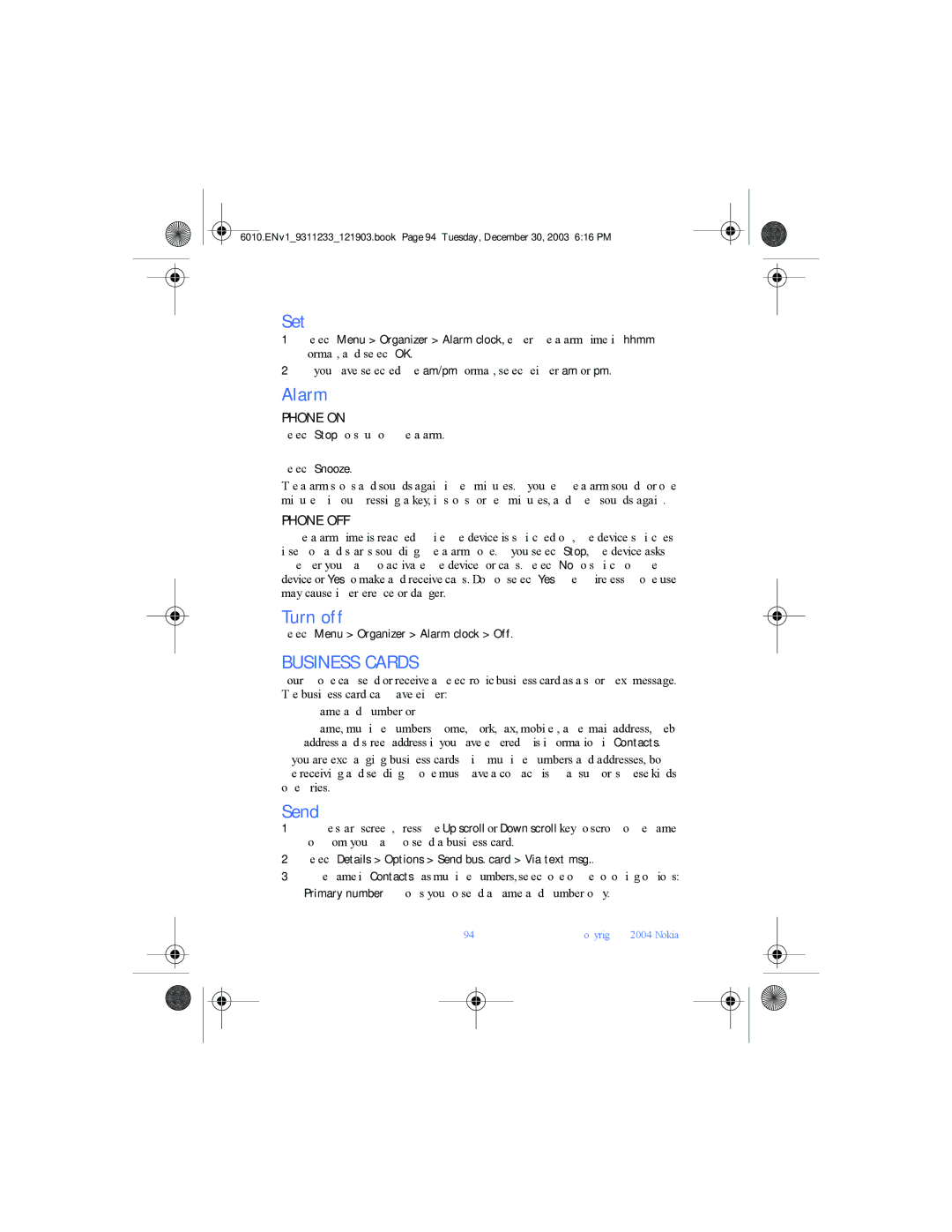 Nokia 6010 manual Set, Alarm, Turn off, Business Cards 