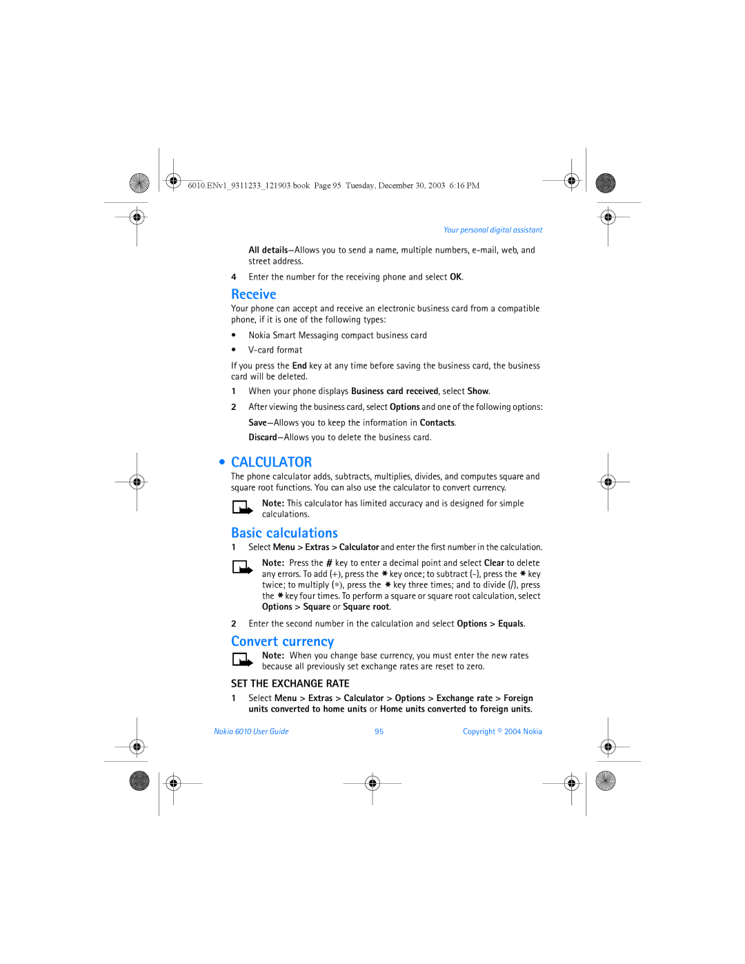 Nokia 6010 manual Calculator, Basic calculations, Convert currency, SET the Exchange Rate 