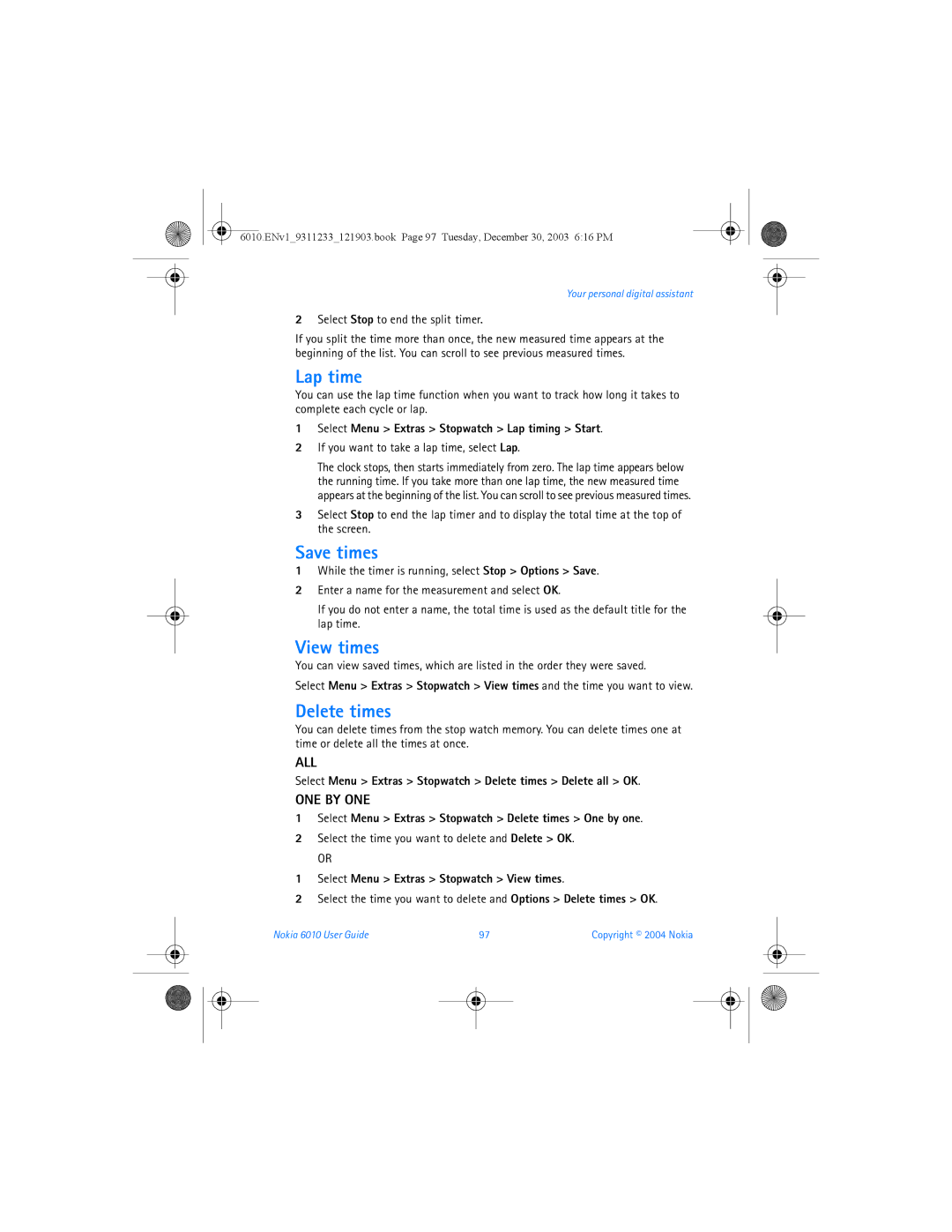 Nokia 6010 manual Lap time, Save times, View times, Delete times 