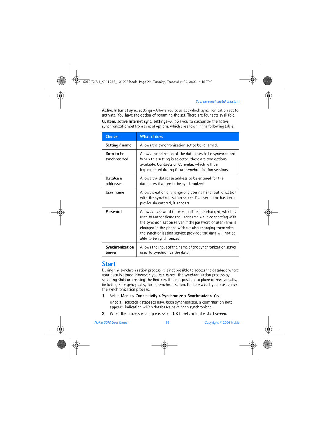 Nokia 6010 manual Start 