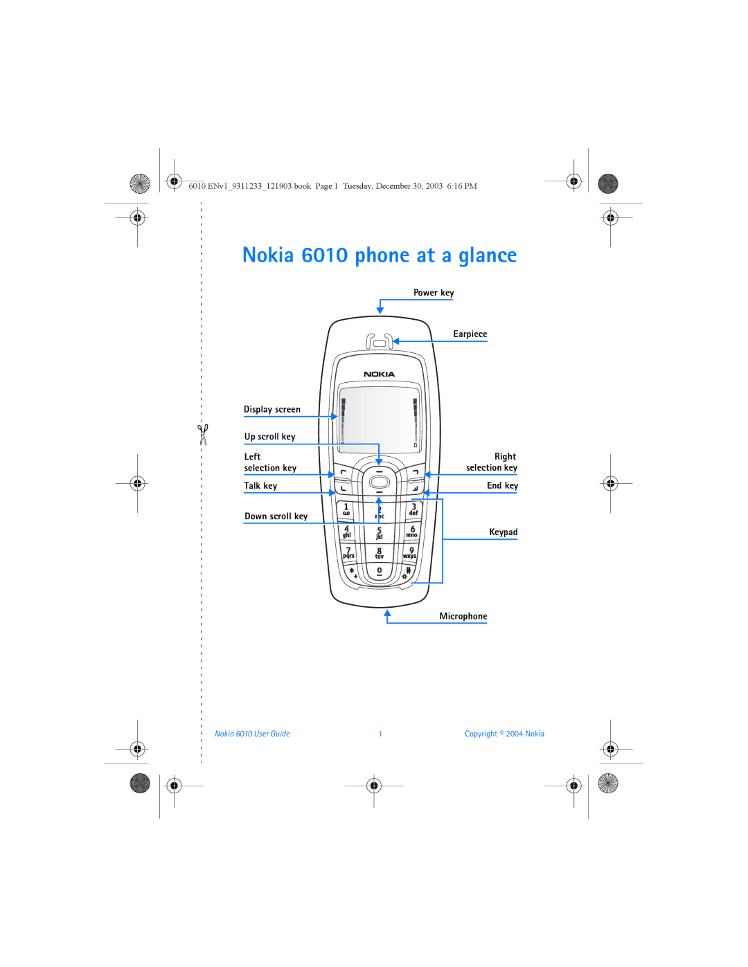 Nokia manual Nokia 6010 phone at a glance, Power key Earpiece, Left, Talk key Down scroll key, End key Keypad Microphone 