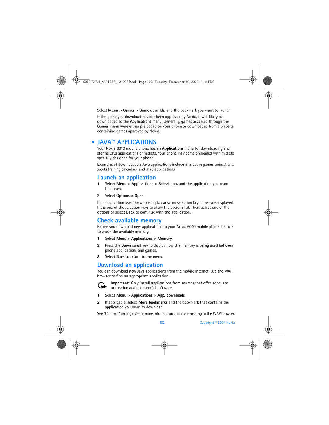 Nokia 6010 manual Java Applications, Launch an application, Check available memory, Download an application 