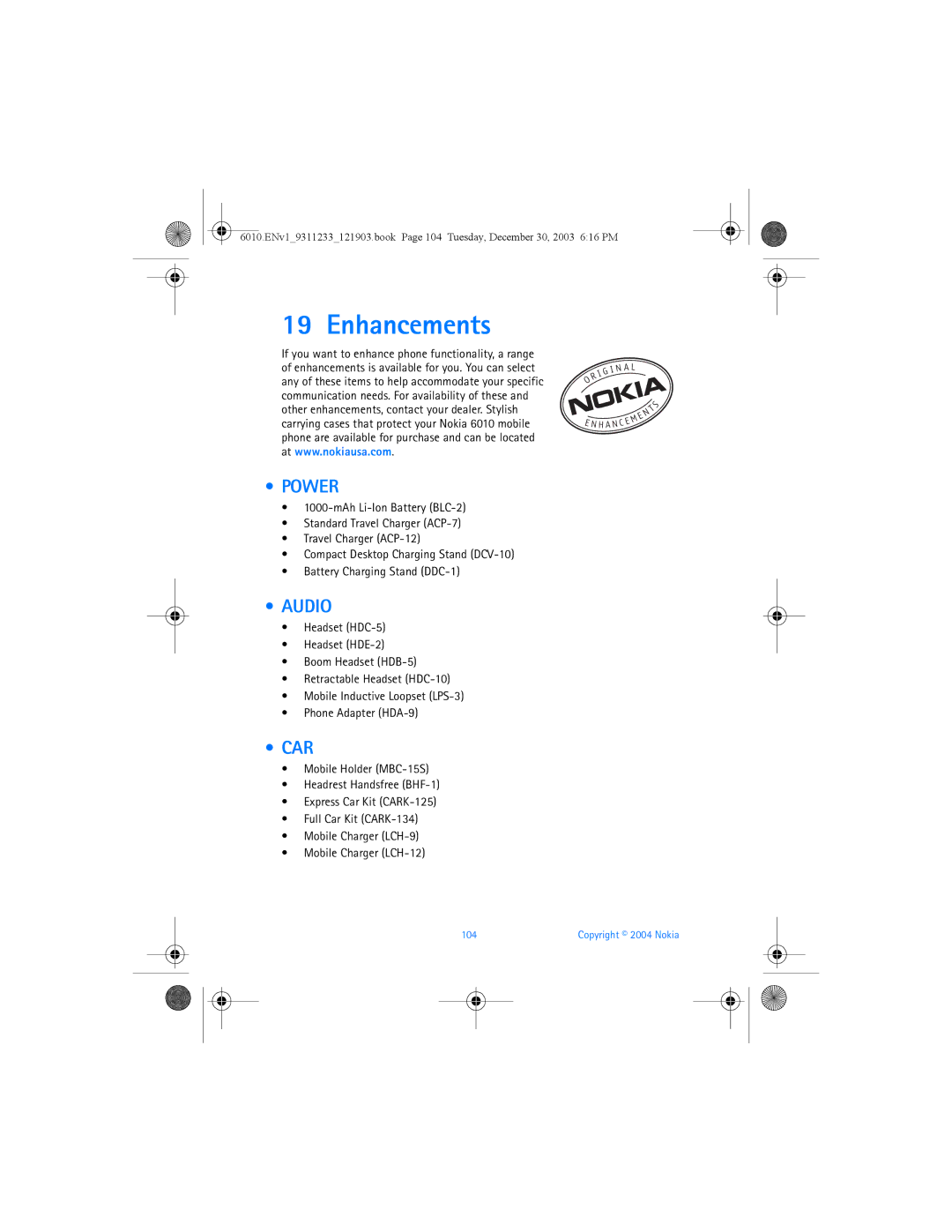 Nokia 6010 manual Enhancements, Power, Audio, Car, 104 