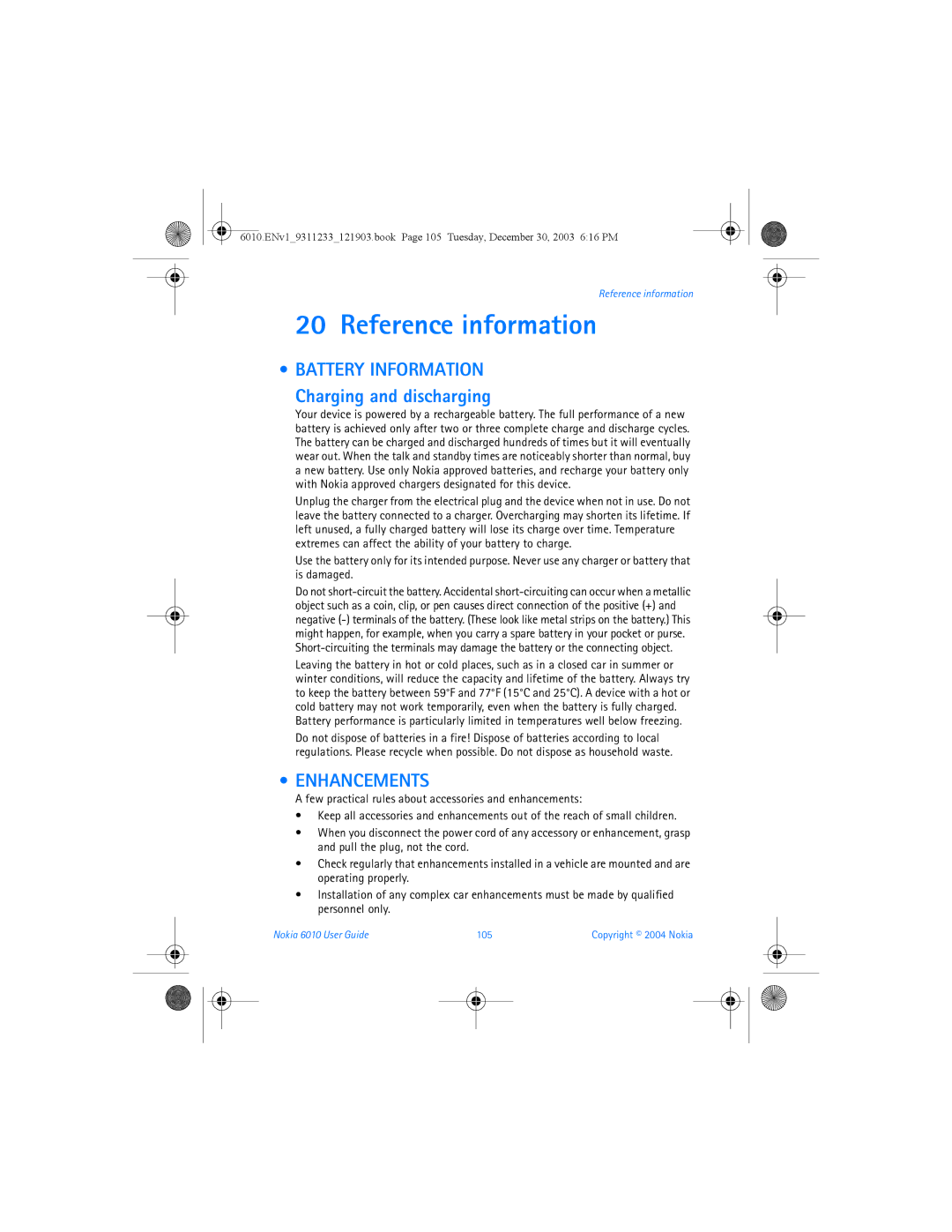 Nokia manual Reference information, Enhancements, Nokia 6010 User Guide 105 