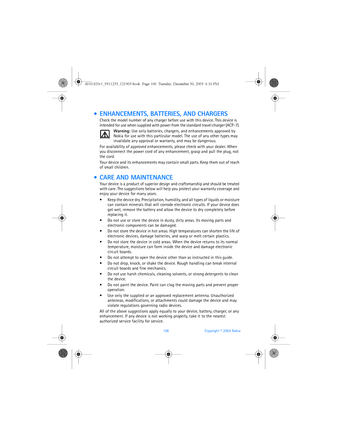 Nokia 6010 manual ENHANCEMENTS, BATTERIES, and Chargers, Care and Maintenance, 106 