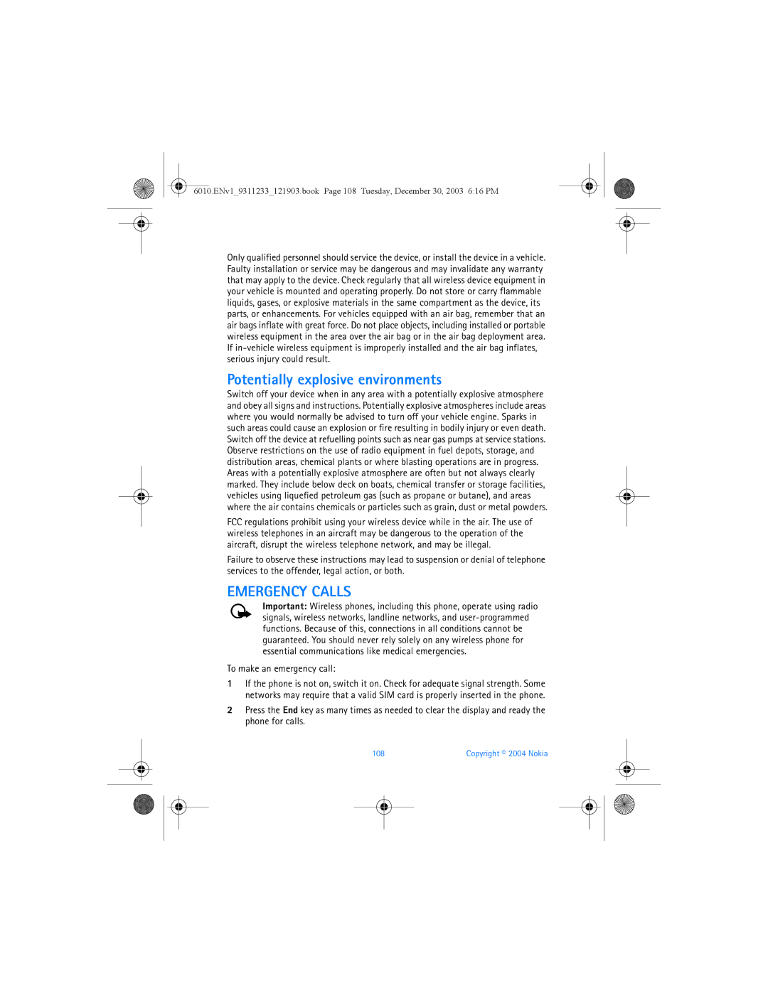 Nokia 6010 manual Potentially explosive environments, Emergency Calls, To make an emergency call, 108 