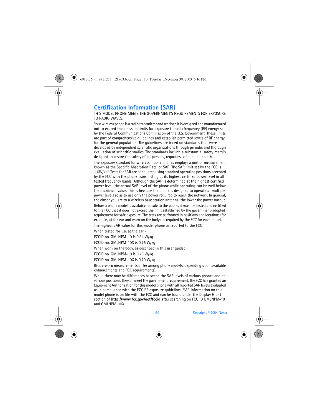 Nokia 6010 manual Certification Information SAR, 110 