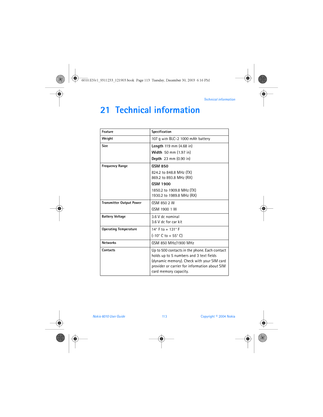 Nokia 6010 manual Technical information, Gsm 