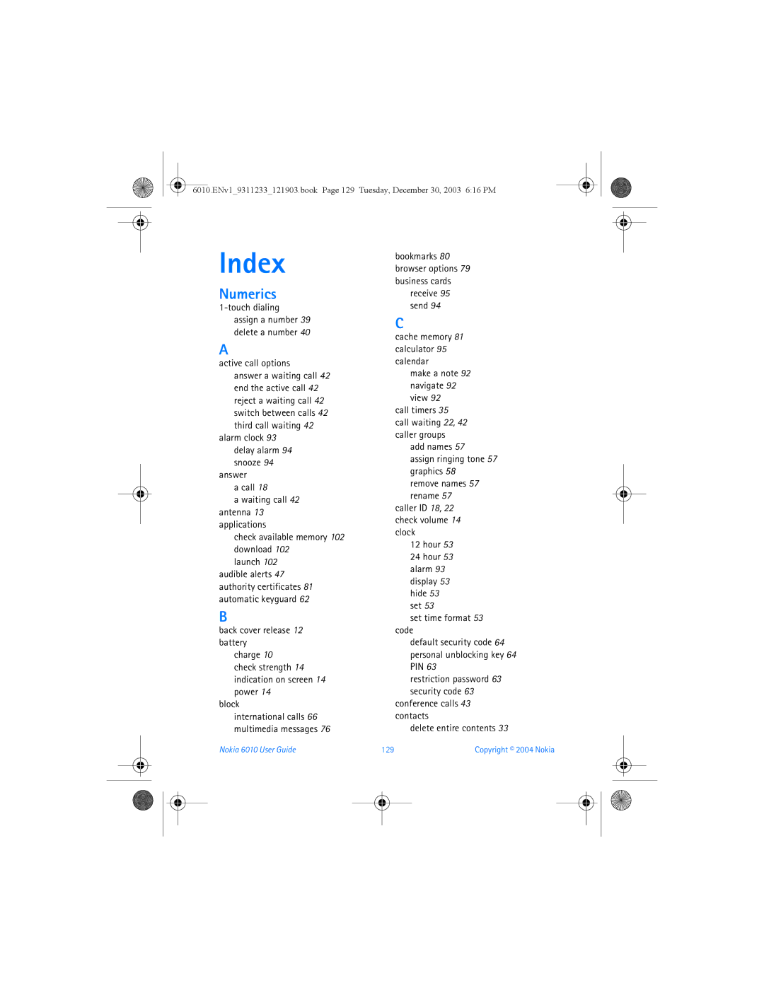 Nokia 6010 manual Numerics, Active call options, 129 