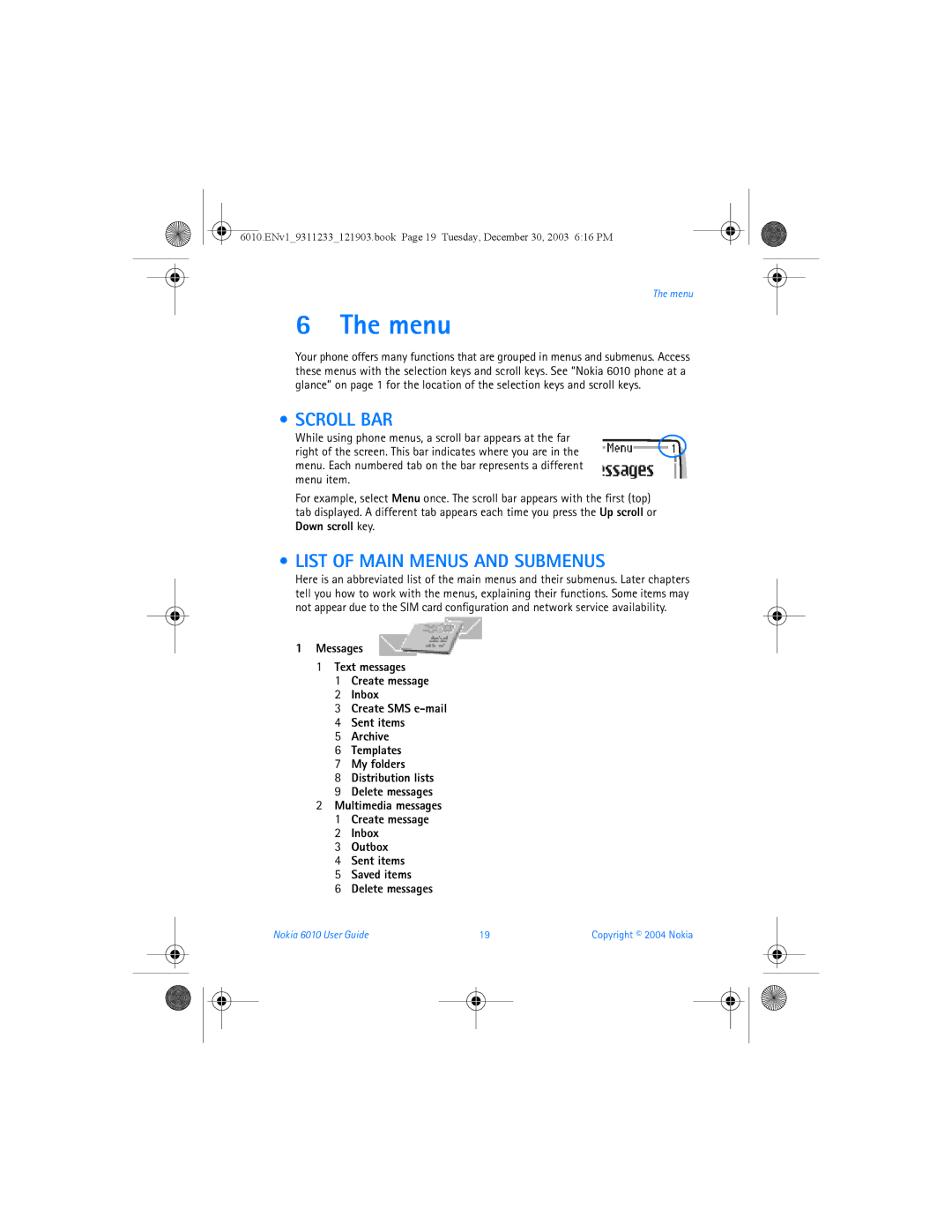 Nokia 6010 manual Scroll BAR, List of Main Menus and Submenus, Outbox Sent items Saved items Delete messages 