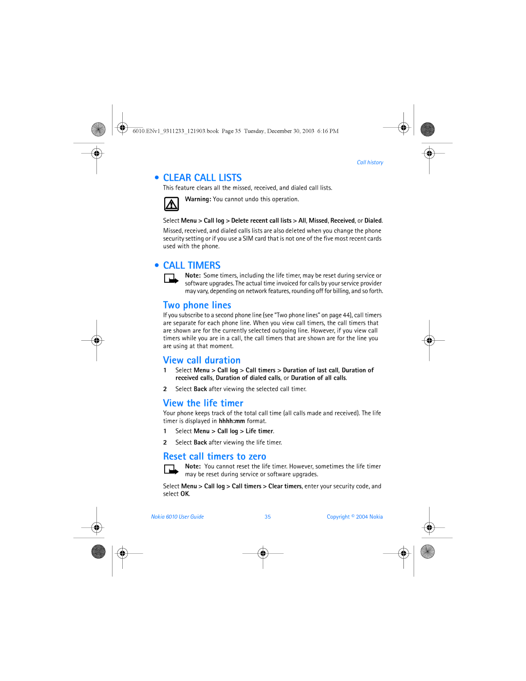 Nokia 6010 manual Clear Call Lists, Call Timers 