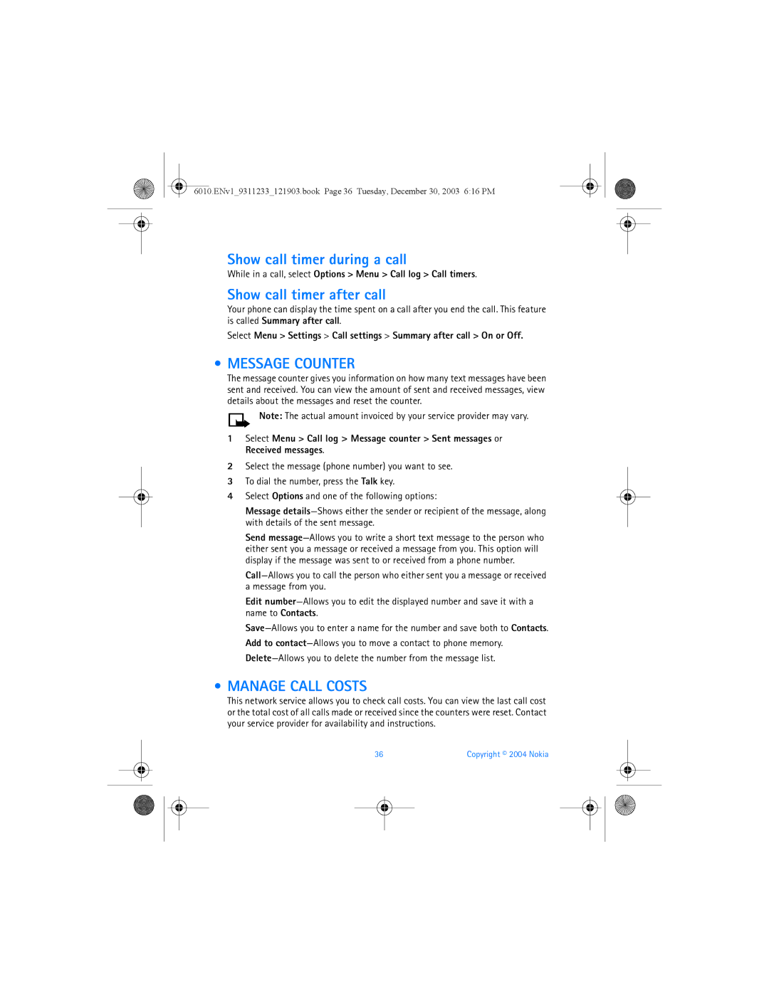 Nokia 6010 manual Show call timer during a call, Show call timer after call, Message Counter, Manage Call Costs 