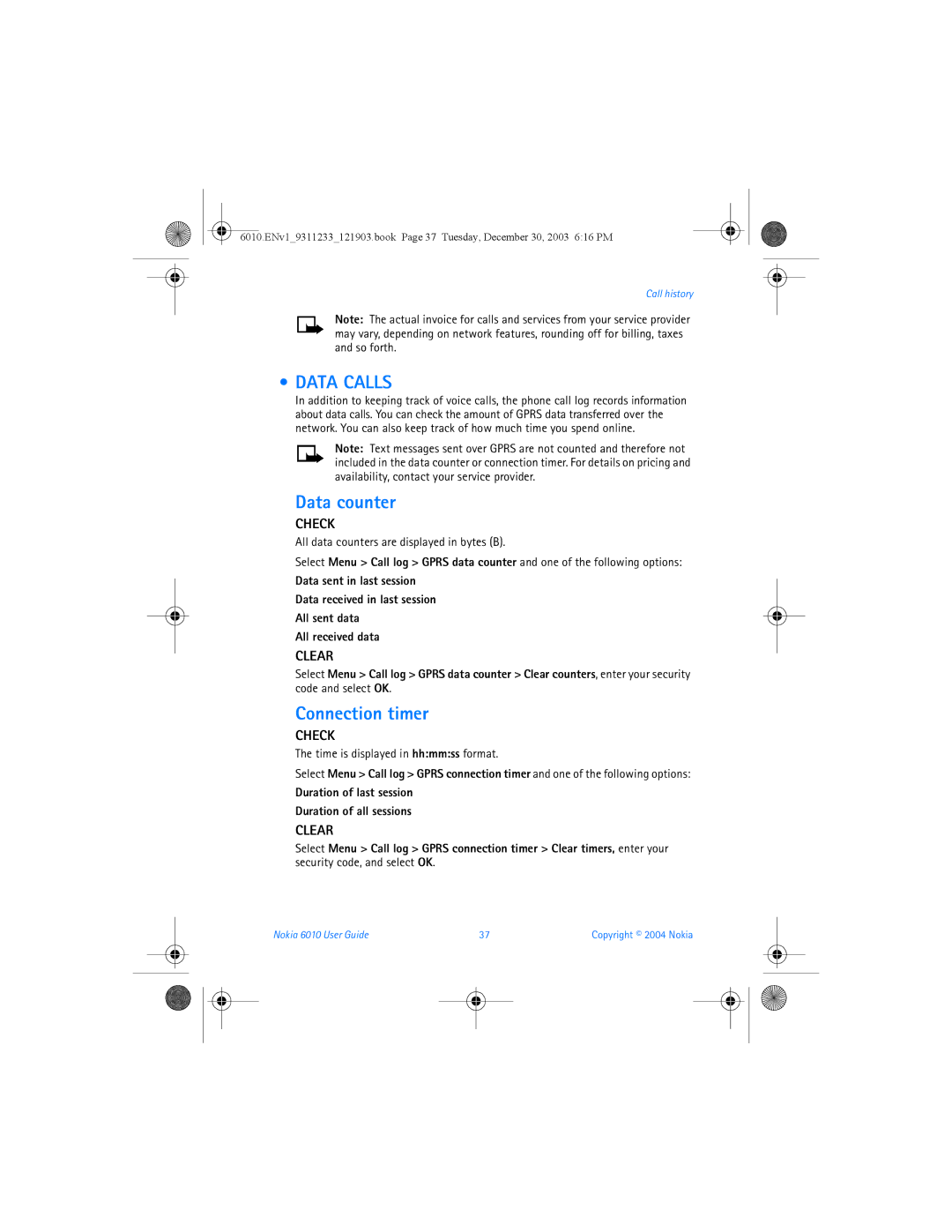 Nokia 6010 manual Data Calls, Data counter, Connection timer, Check, Clear 