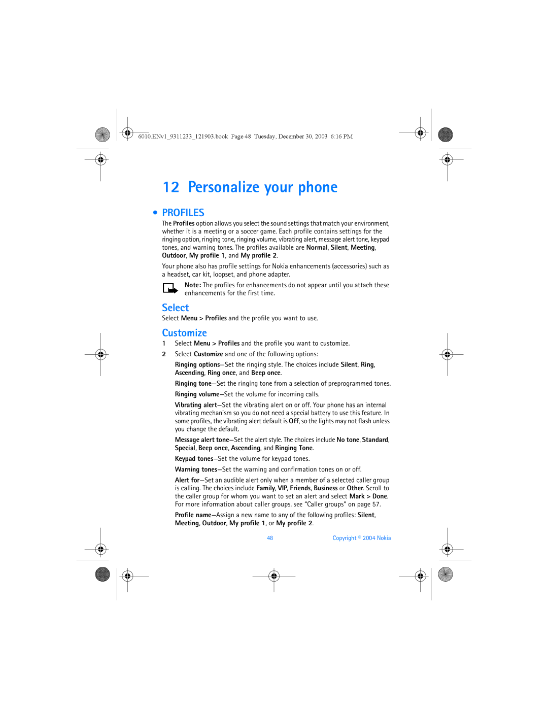 Nokia 6010 manual Personalize your phone, Profiles, Select, Customize 