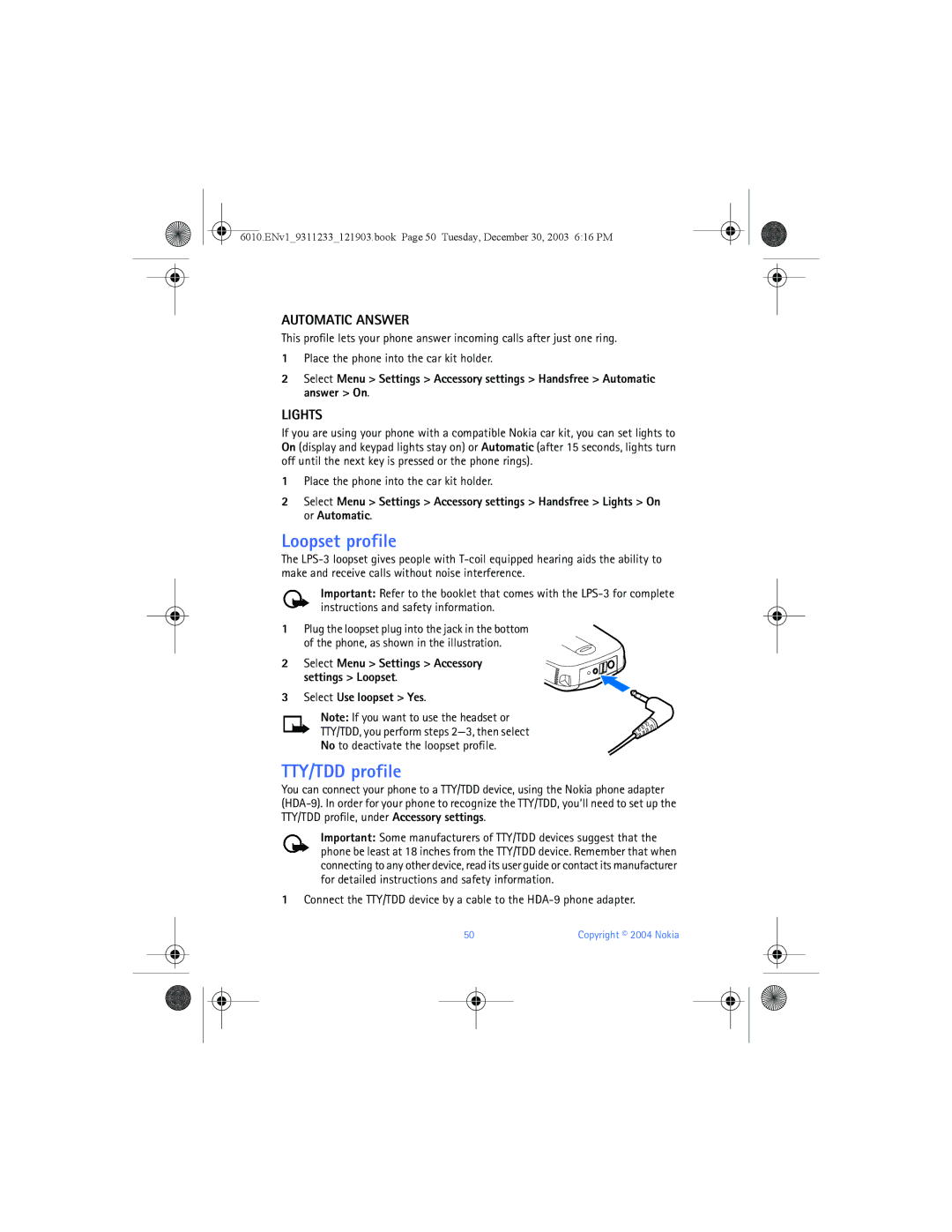 Nokia 6010 manual Loopset profile, TTY/TDD profile, Automatic Answer, Lights, Select Use loopset Yes 