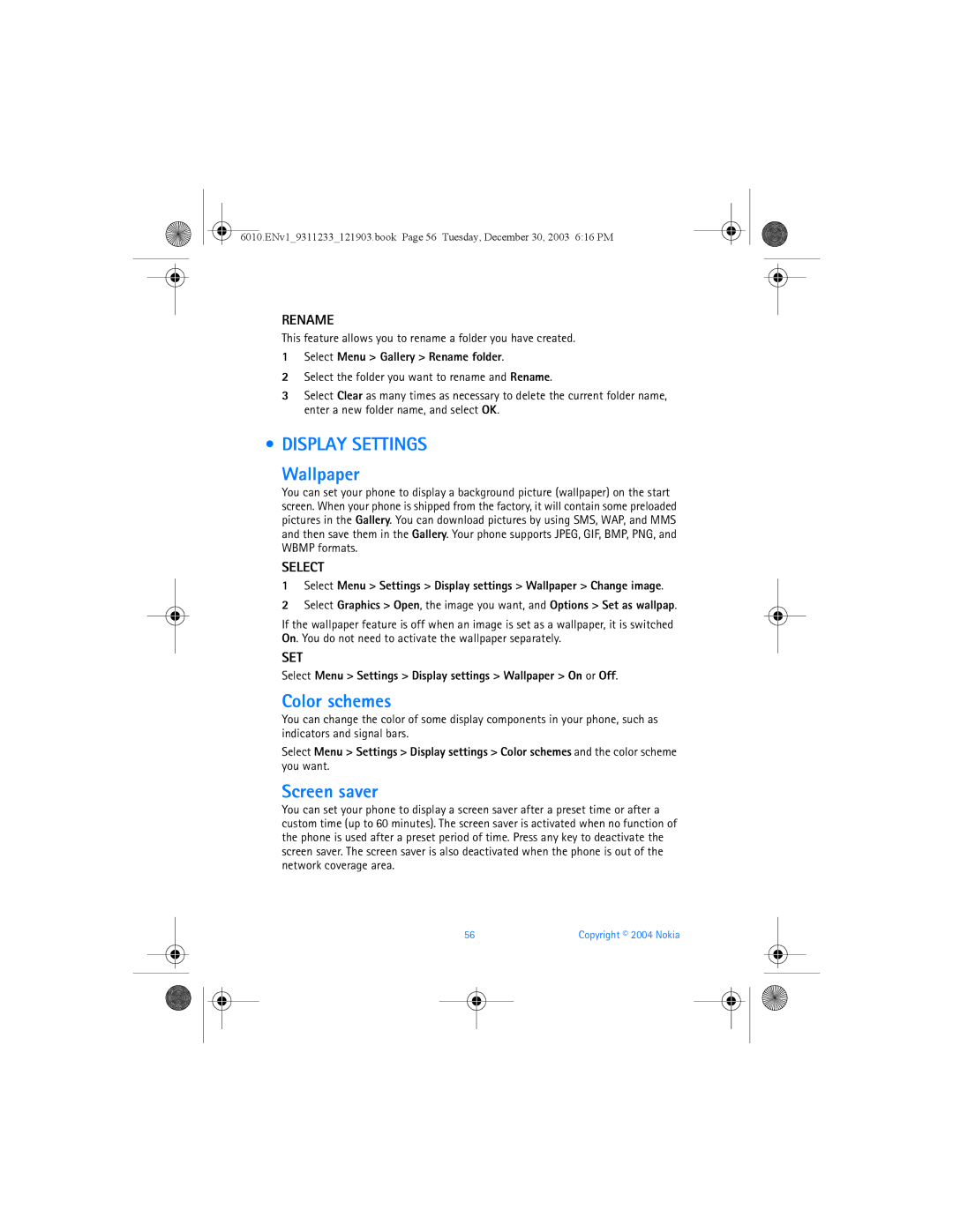 Nokia 6010 manual Color schemes, Screen saver, Rename, Select, Set 