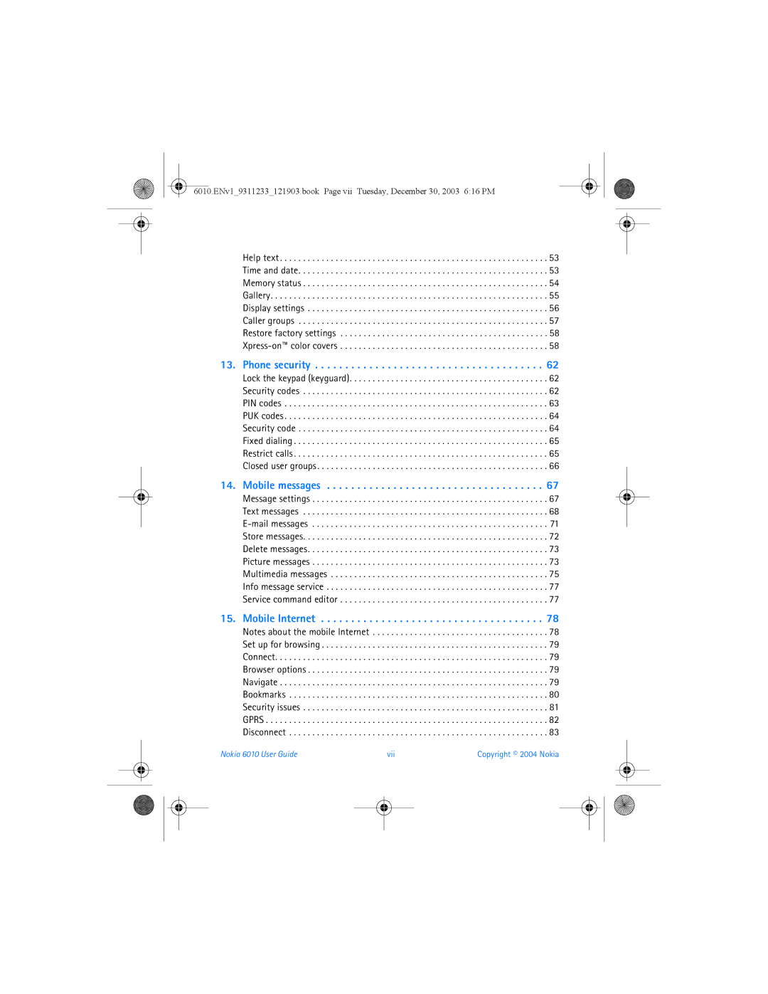 Nokia manual Phone security, Nokia 6010 User Guide Vii 