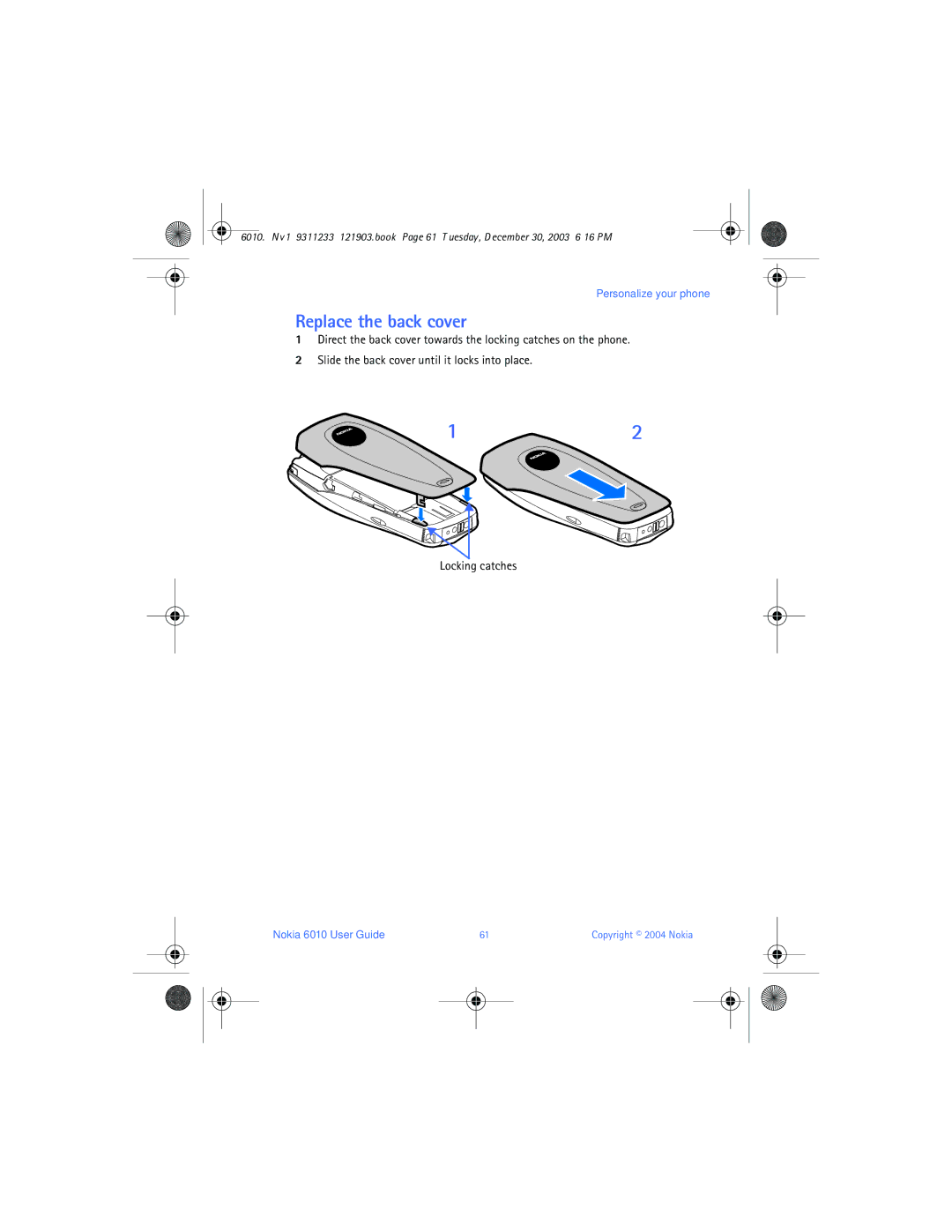 Nokia 6010 manual Replace the back cover 