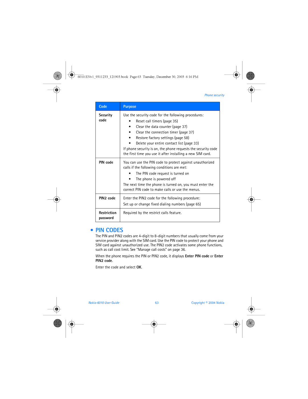 Nokia 6010 manual PIN Codes, Security, PIN code, PIN2 code 