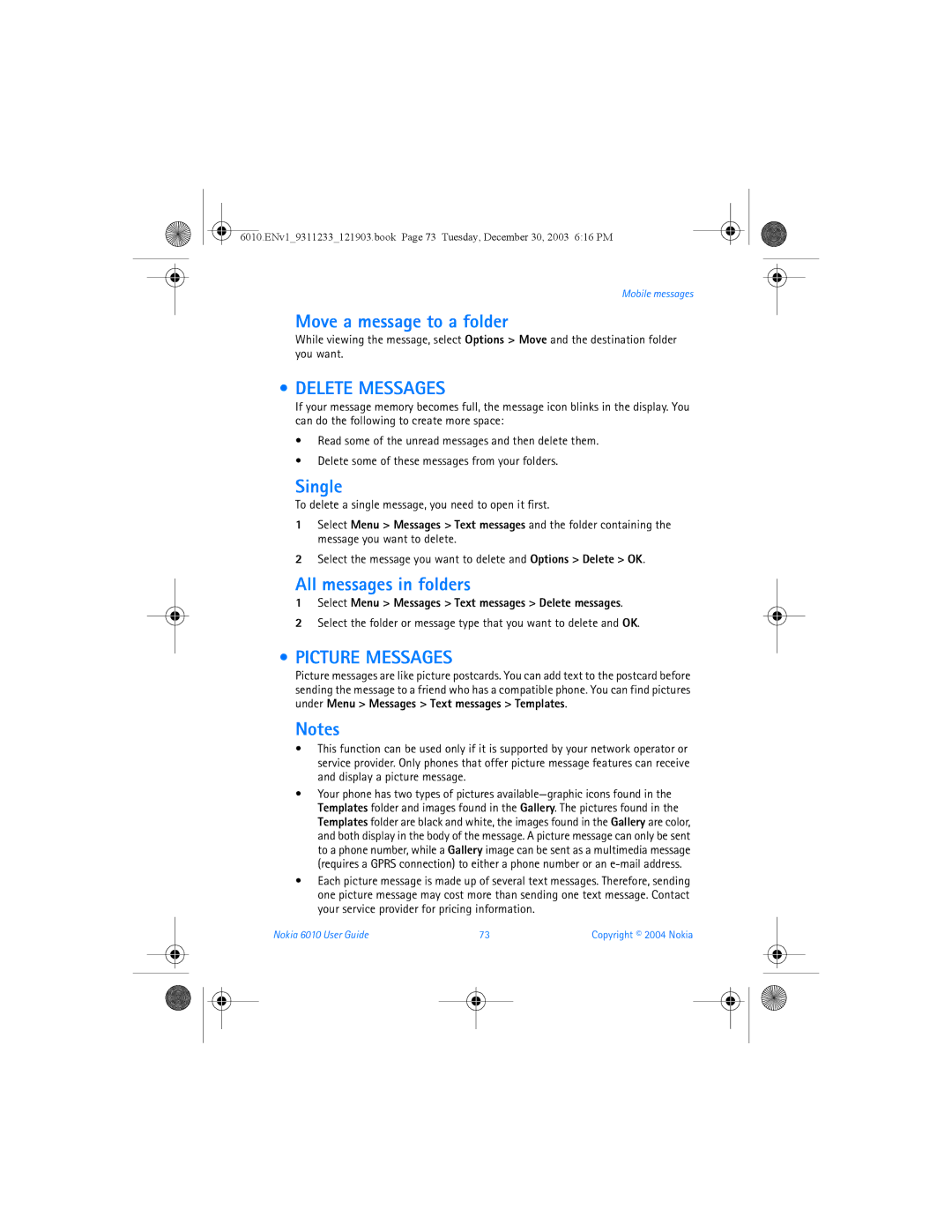 Nokia 6010 manual Move a message to a folder, Delete Messages, Single, All messages in folders, Picture Messages 