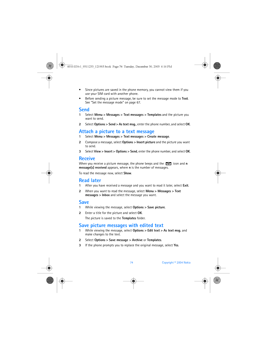 Nokia 6010 manual Attach a picture to a text message, Read later, Save picture messages with edited text 