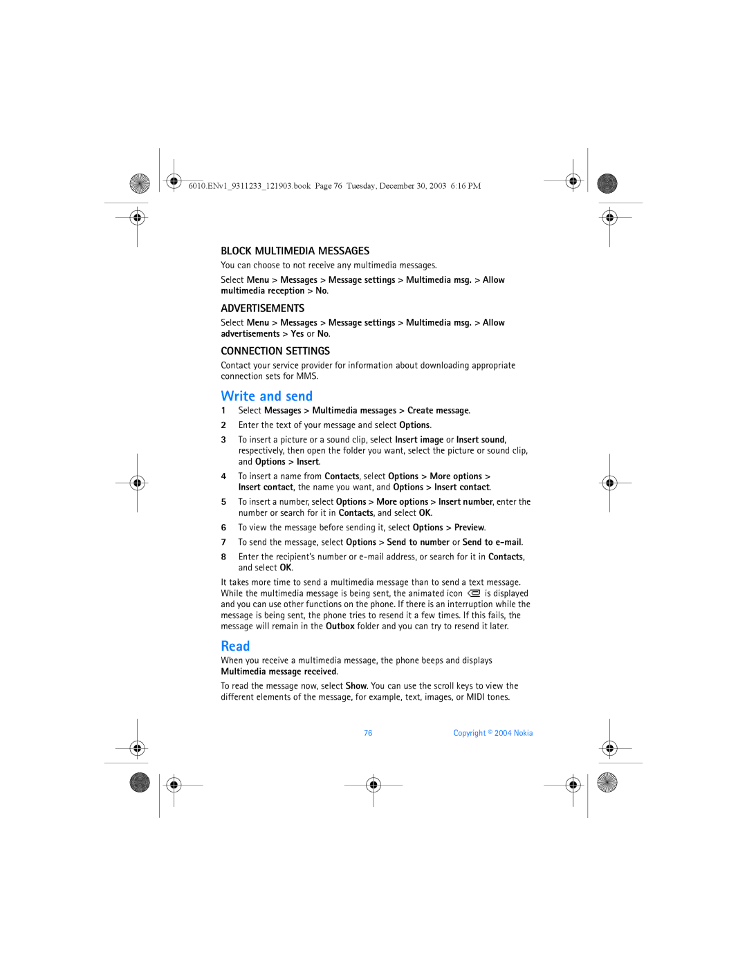 Nokia 6010 manual Write and send, Block Multimedia Messages, Advertisements, Connection Settings 