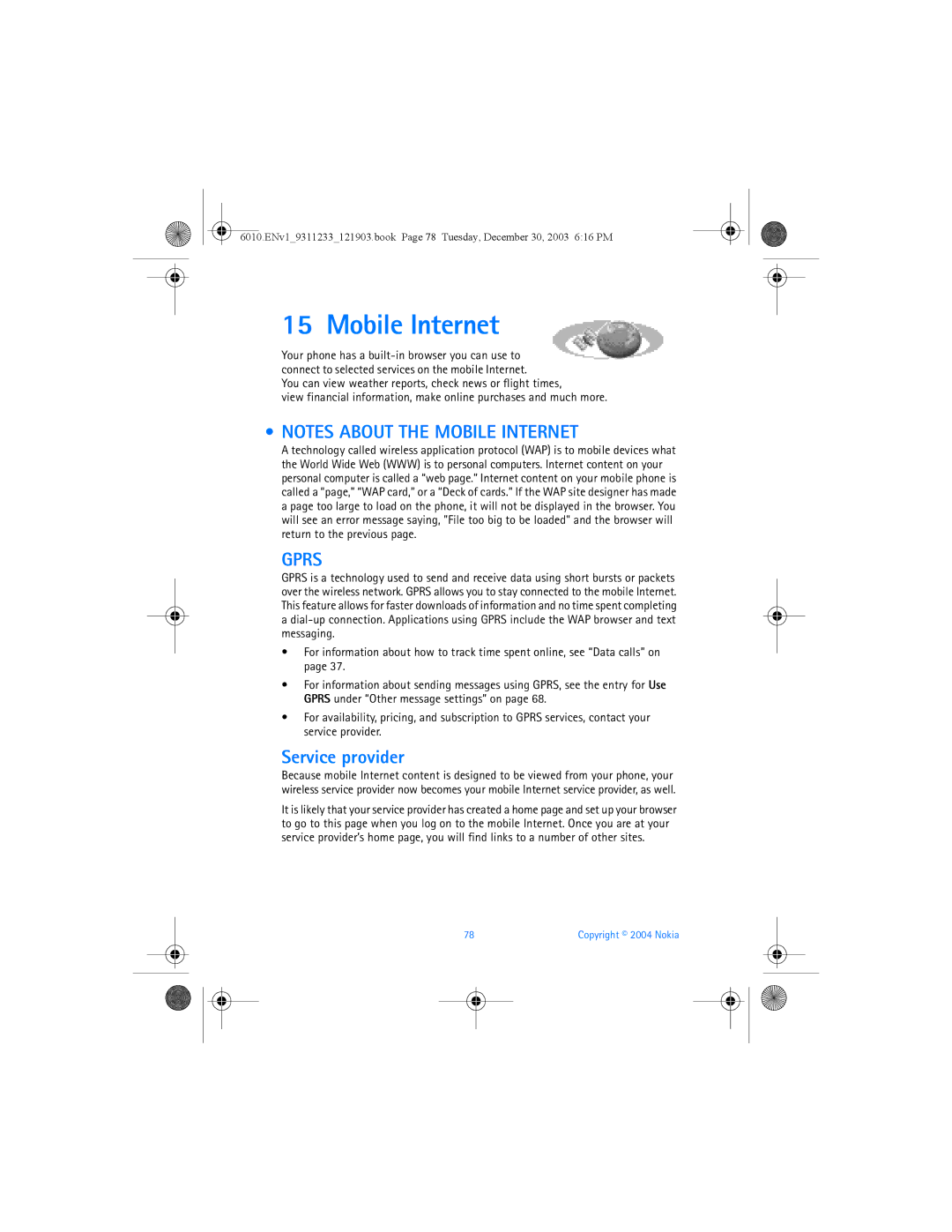 Nokia 6010 manual Mobile Internet, Gprs, Service provider 