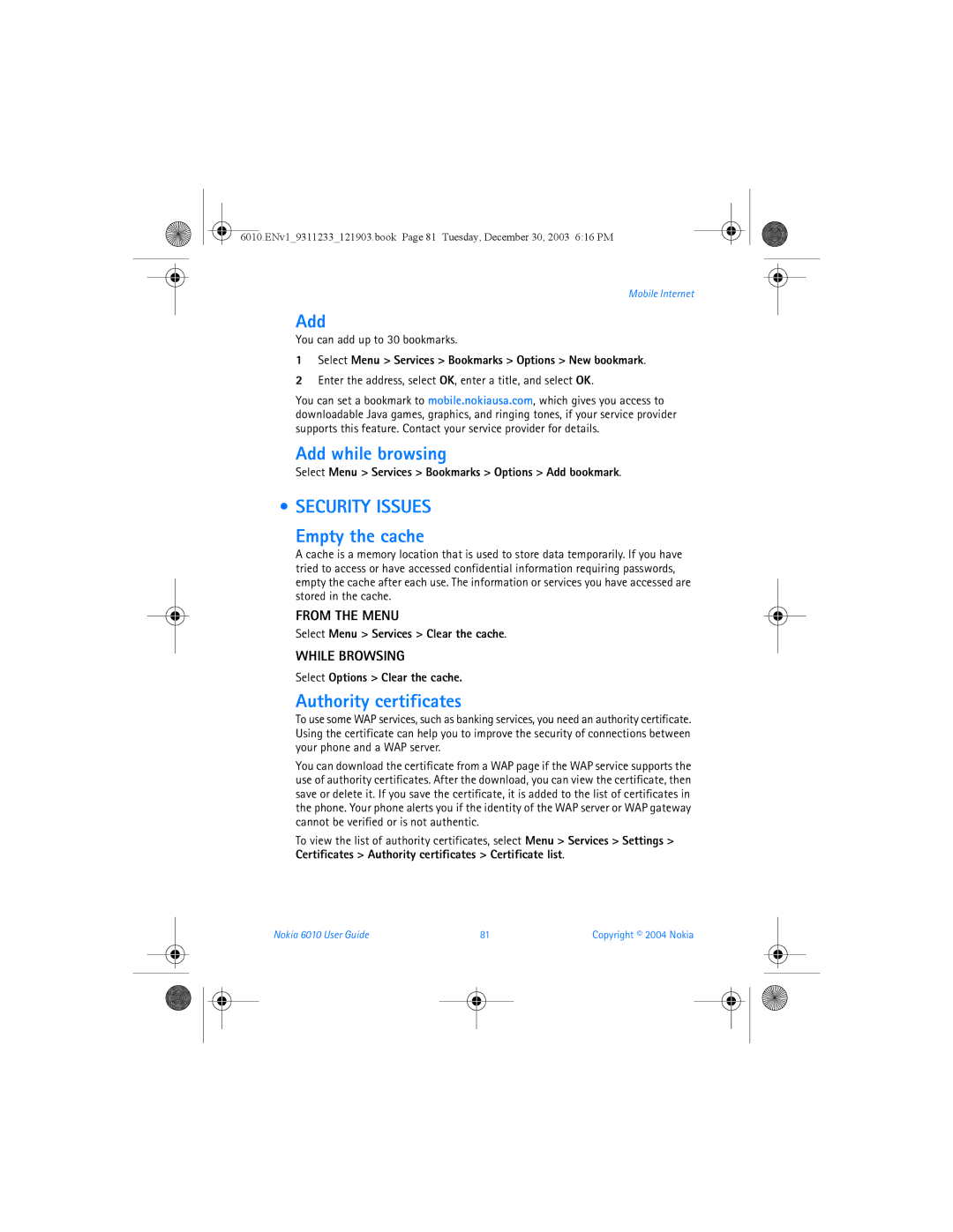 Nokia 6010 manual Add while browsing, Security Issues, Empty the cache, Authority certificates 