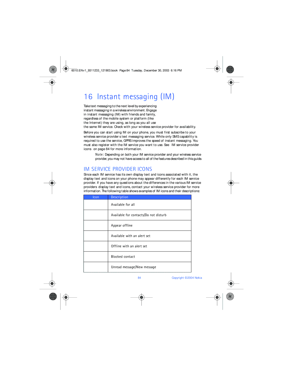 Nokia 6010 manual Instant messaging IM, IM Service Provider Icons, Available for all 