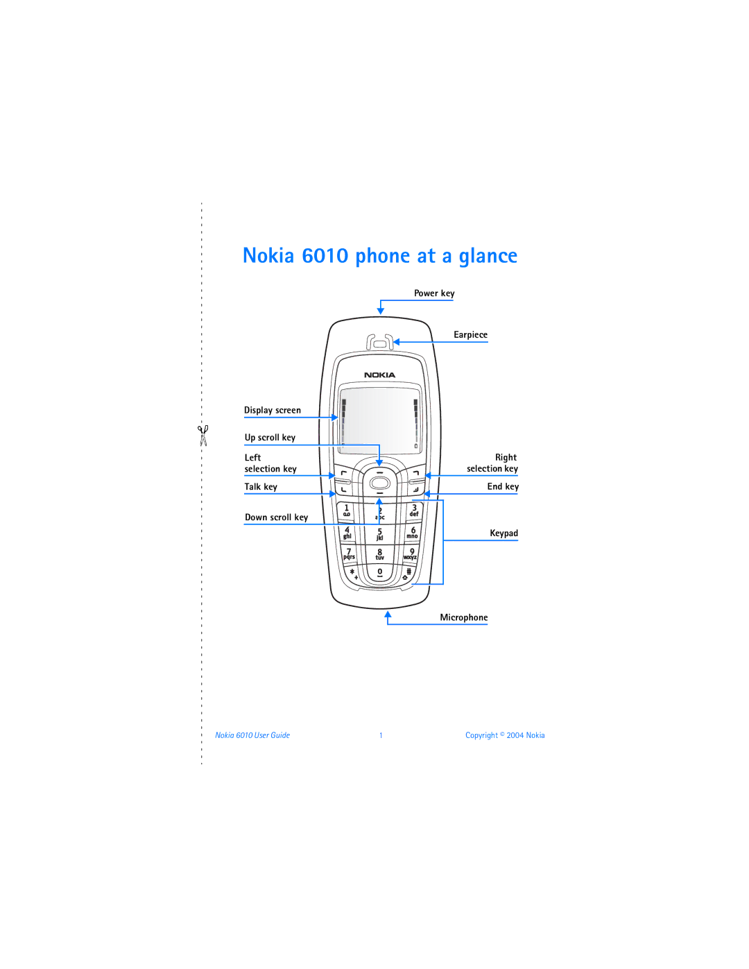 Nokia Nokia 6010 phone at a glance, Power key Earpiece, Left, Talk key Down scroll key, End key Keypad Microphone 