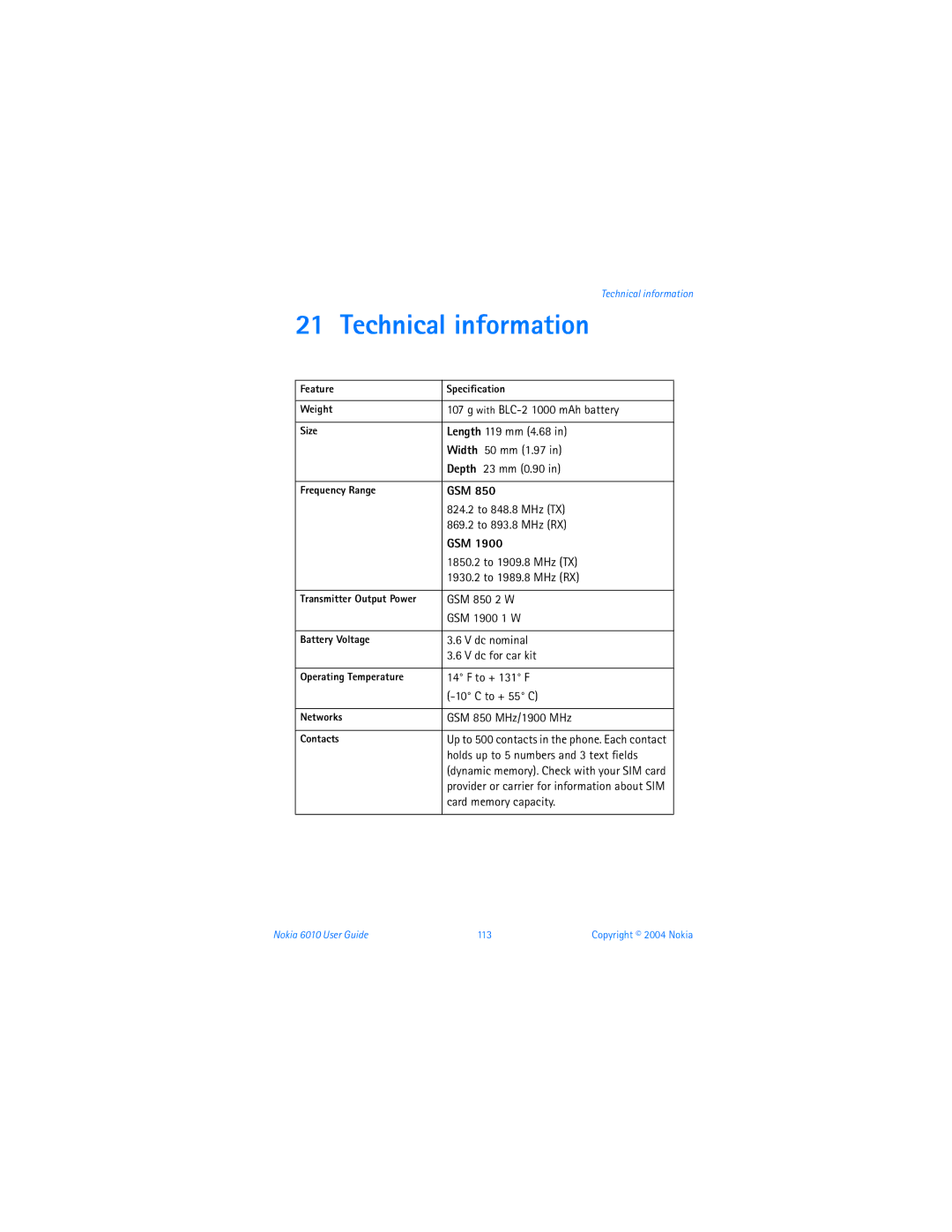 Nokia 6010 warranty Technical information, Gsm 