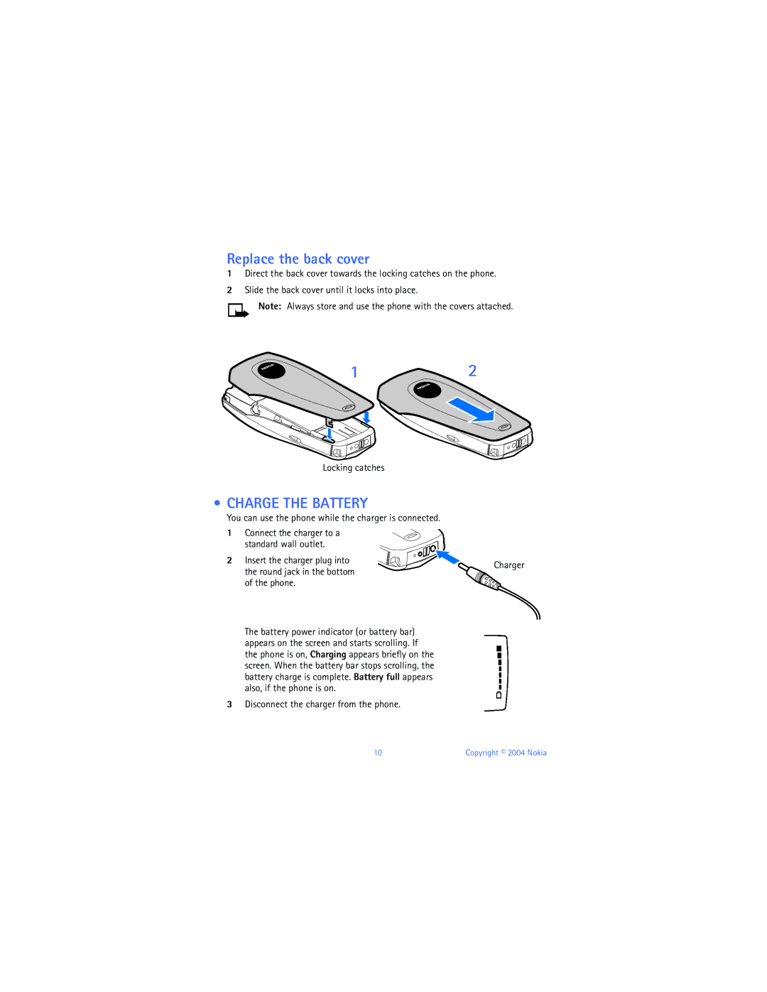 Nokia 6010 warranty Replace the back cover, Charge the Battery 