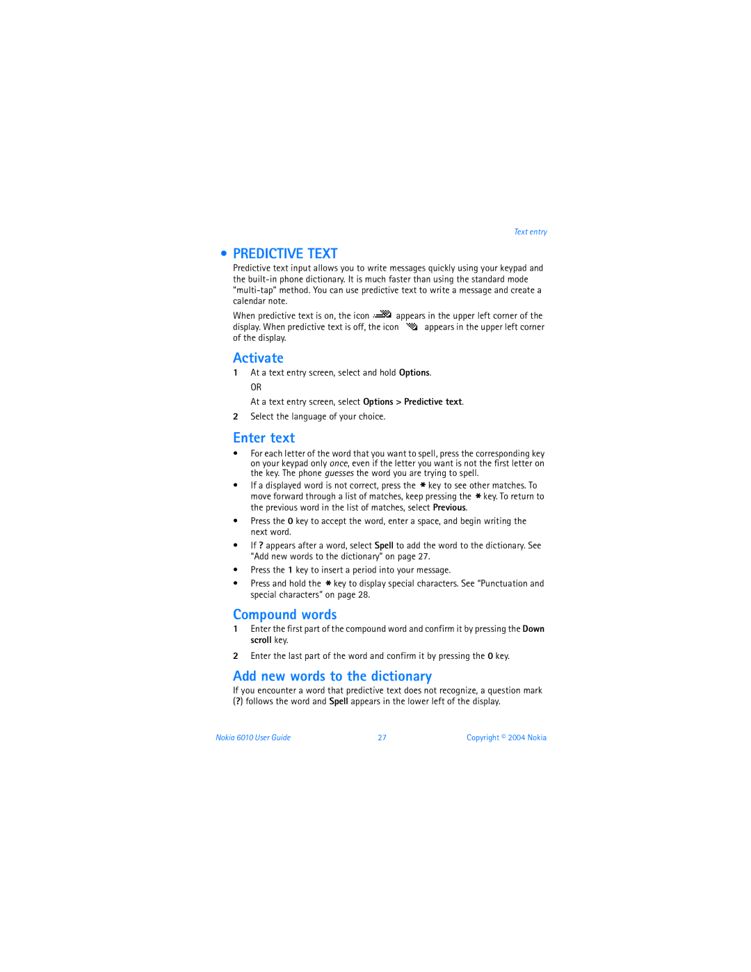 Nokia 6010 warranty Predictive Text, Activate, Enter text, Compound words, Add new words to the dictionary 