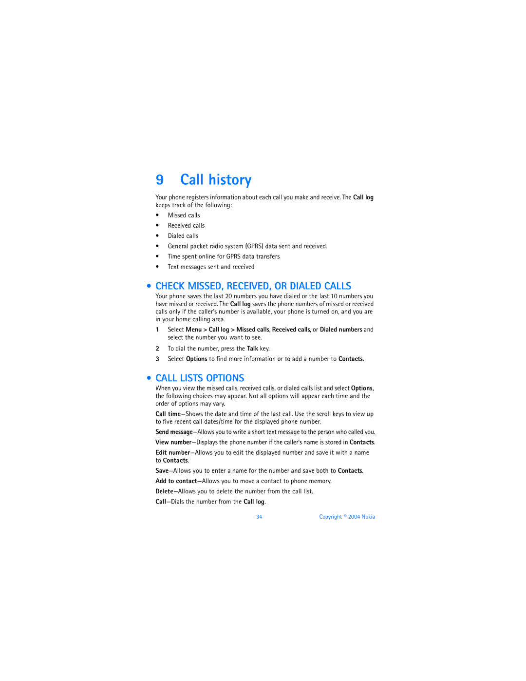 Nokia 6010 warranty Call history, Check MISSED, RECEIVED, or Dialed Calls, Call Lists Options 